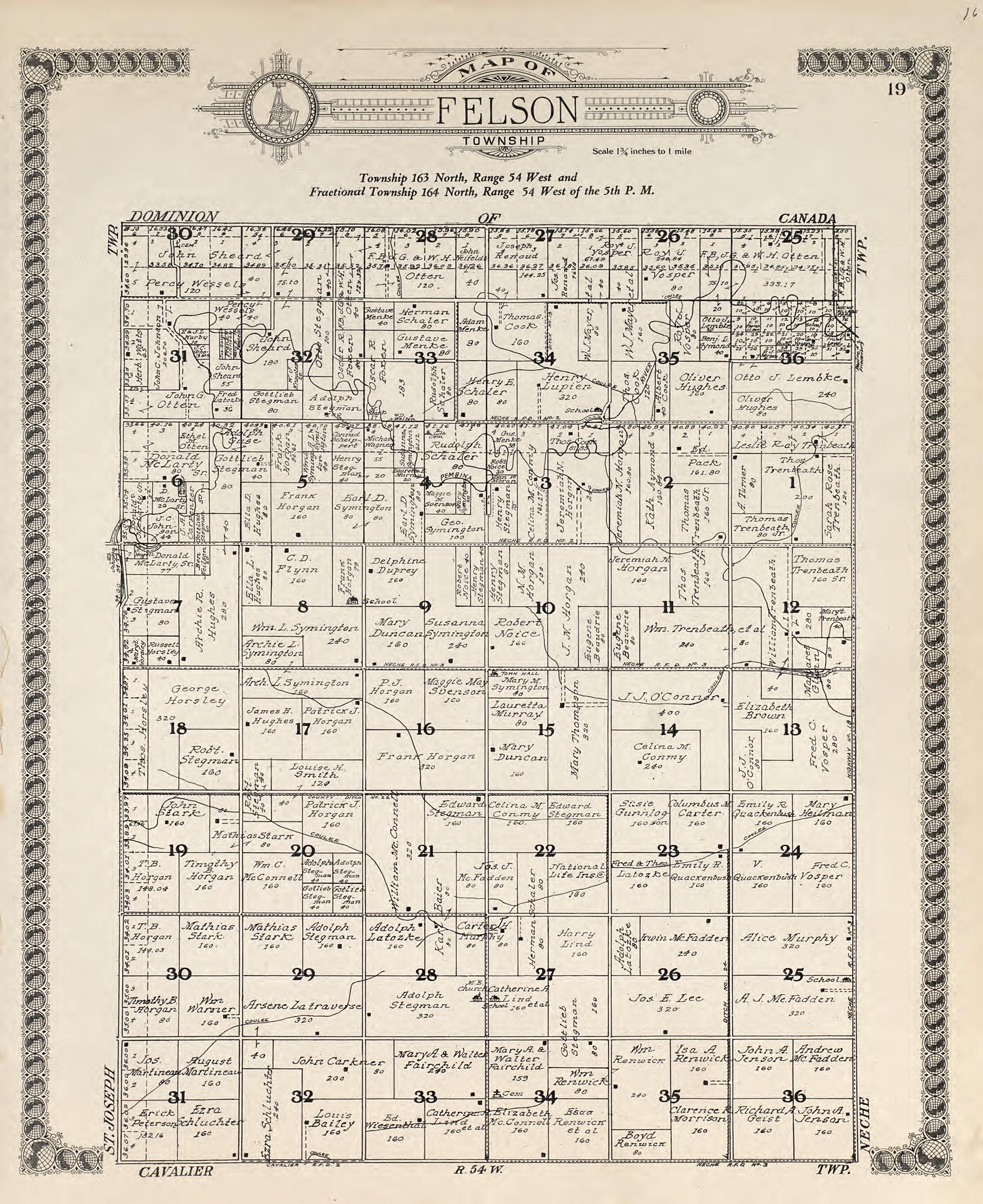 Map of Felson Township from Standard Atlas of Pembina County, North Dakota : Including a Plat Book of the Villages, Cities and Townships of the County, Map of the State, United States and World : Patrons Directory, … 1928 by Relic Map Company