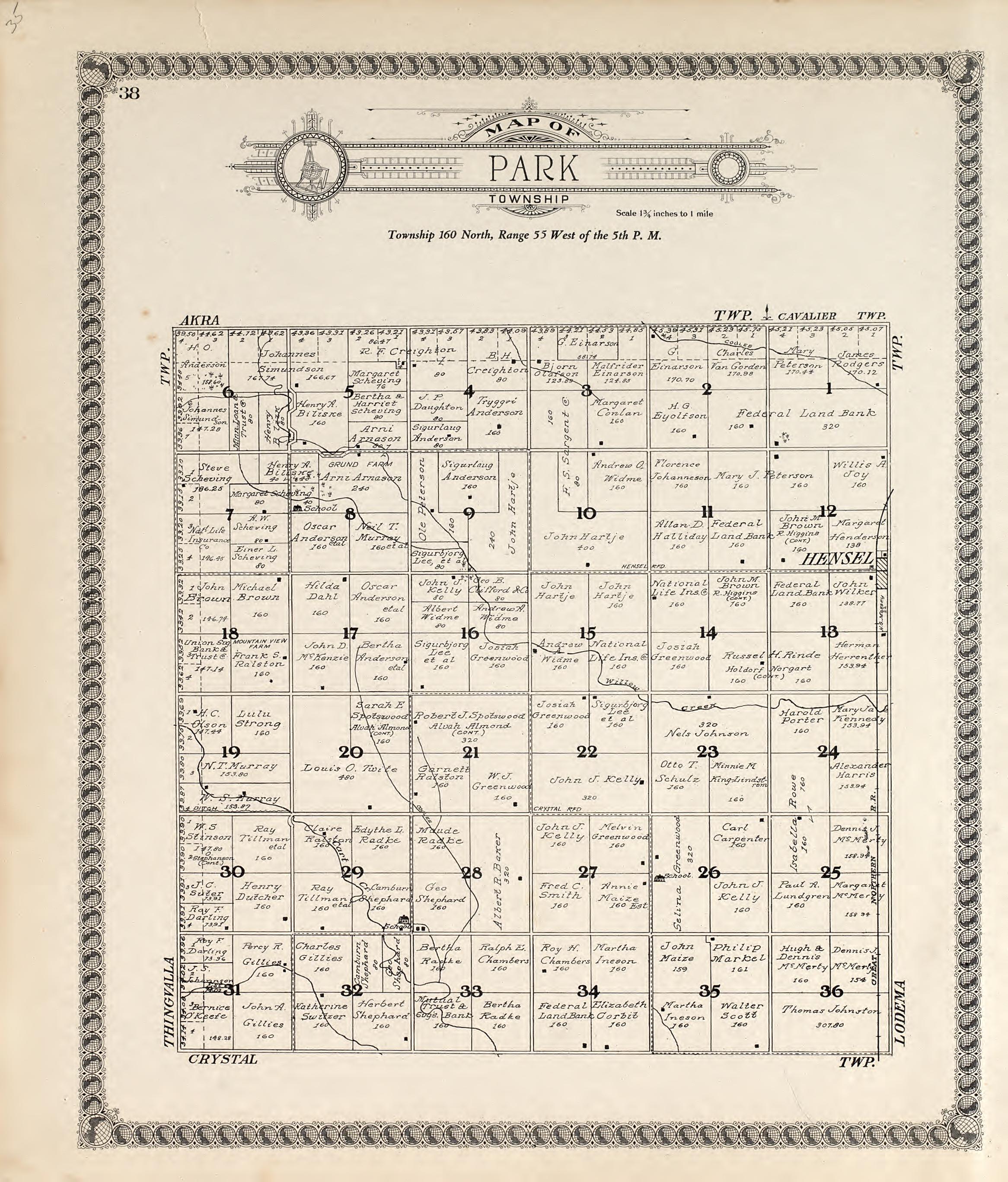 Map of Park Township from Standard Atlas of Pembina County, North Dakota : Including a Plat Book of the Villages, Cities and Townships of the County, Map of the State, United States and World : Patrons Directory, … 1928 by Relic Map Company