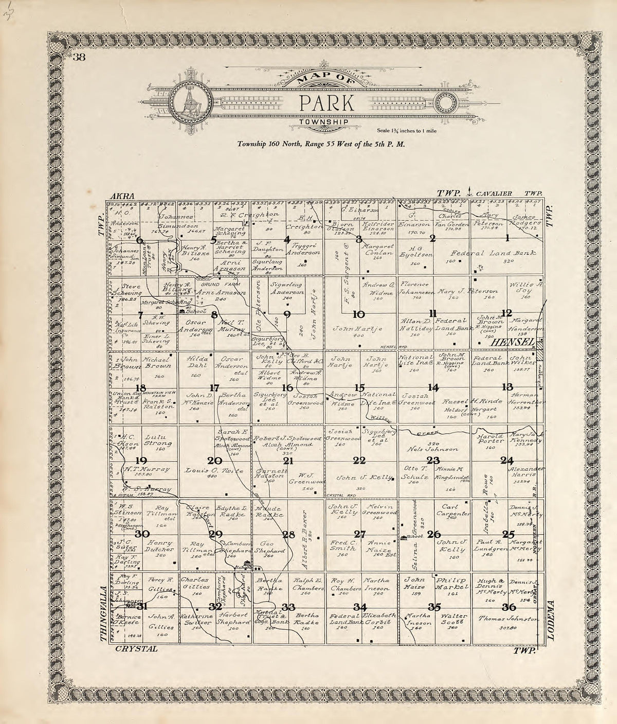 Map of Park Township from Standard Atlas of Pembina County, North Dakota : Including a Plat Book of the Villages, Cities and Townships of the County, Map of the State, United States and World : Patrons Directory, … 1928 by Relic Map Company
