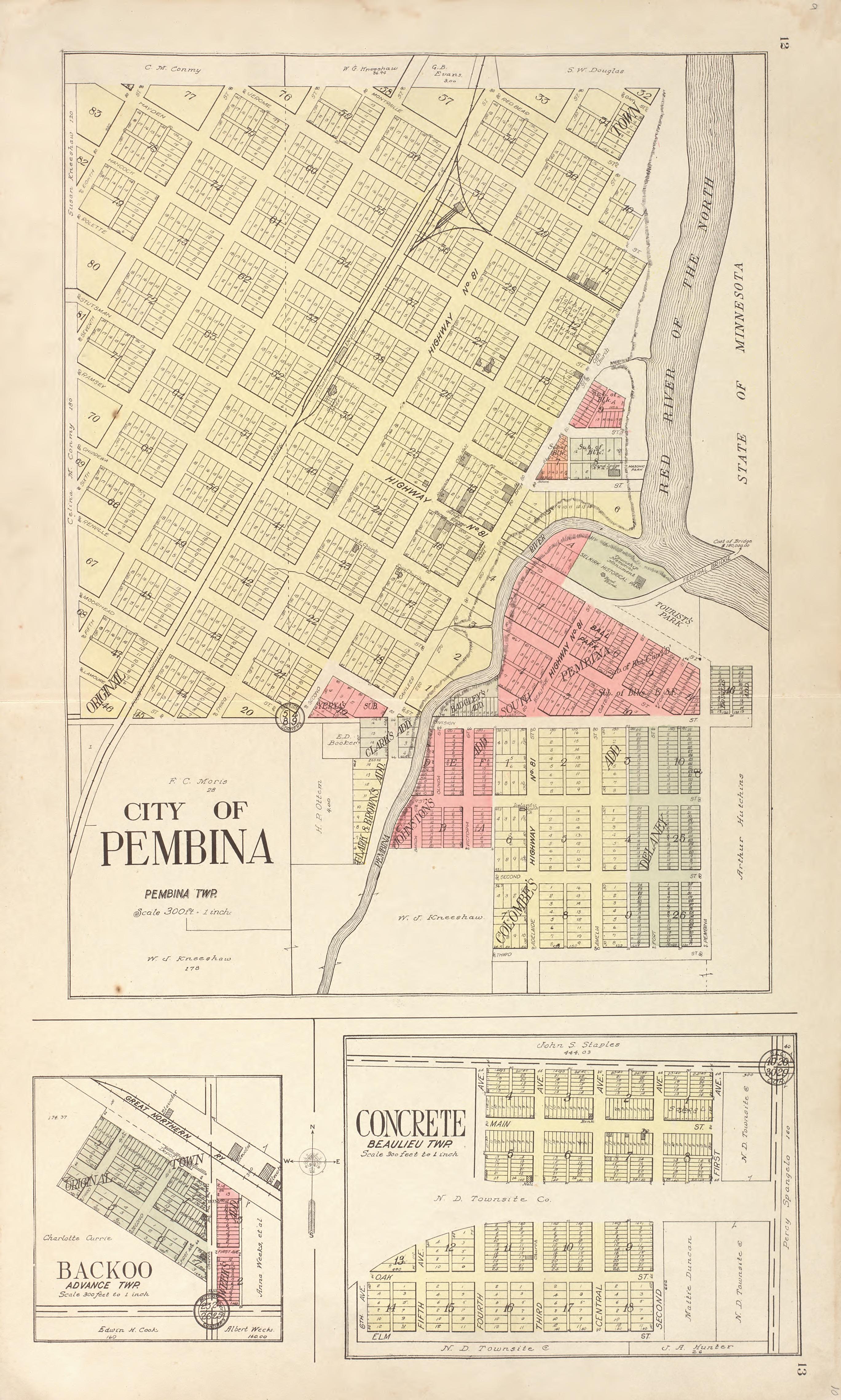 City of Pembina; Backoo; Concrete from Standard Atlas of Pembina County, North Dakota : Including a Plat Book of the Villages, Cities and Townships of the County, Map of the State, United States and World : Patrons Directory, … 1928 by Relic Map Company