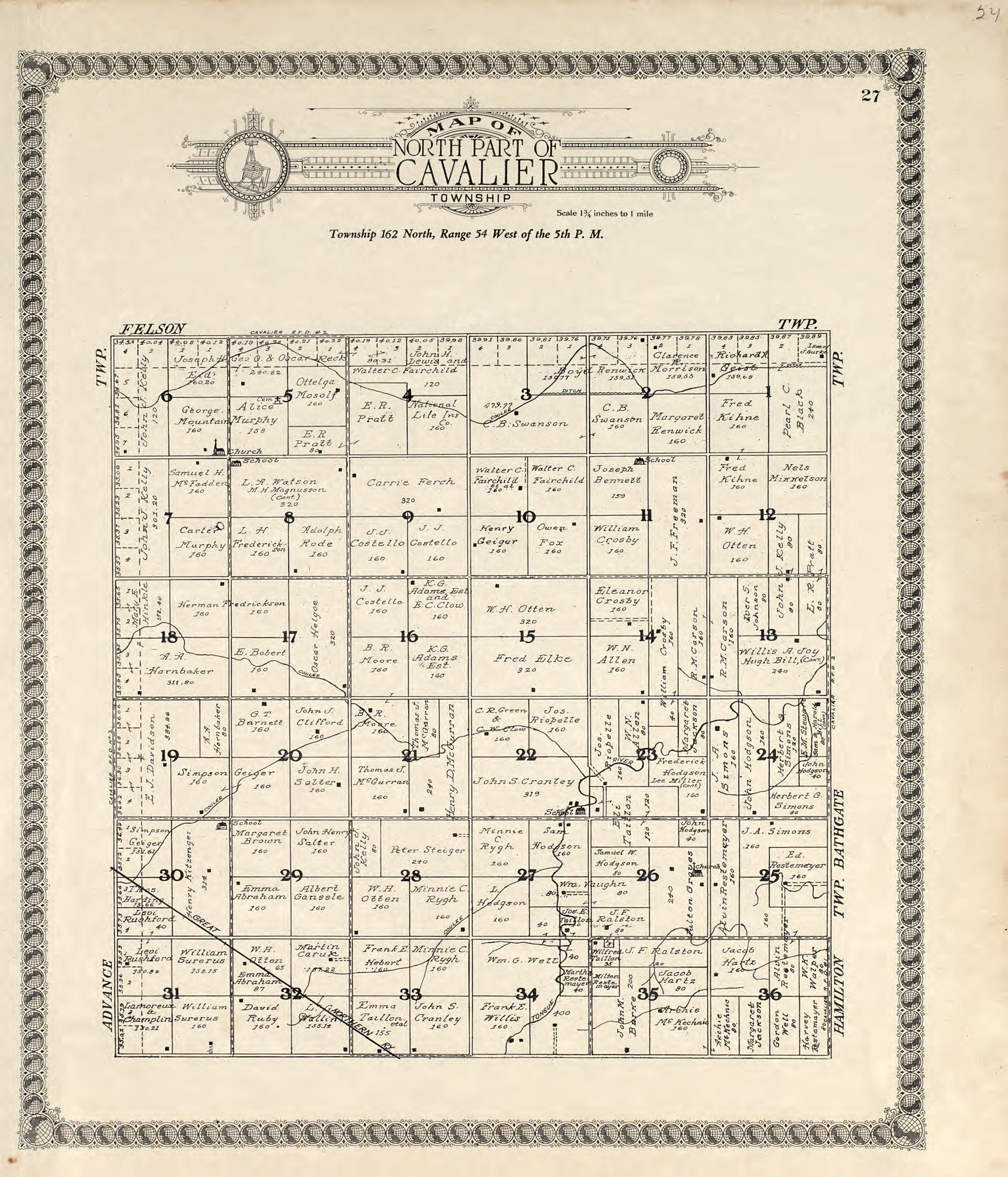 Map of North Part of Cavalier Township from Standard Atlas of Pembina County, North Dakota : Including a Plat Book of the Villages, Cities and Townships of the County, Map of the State, United States and World : Patrons Directory, … 1928 by Relic Map Company