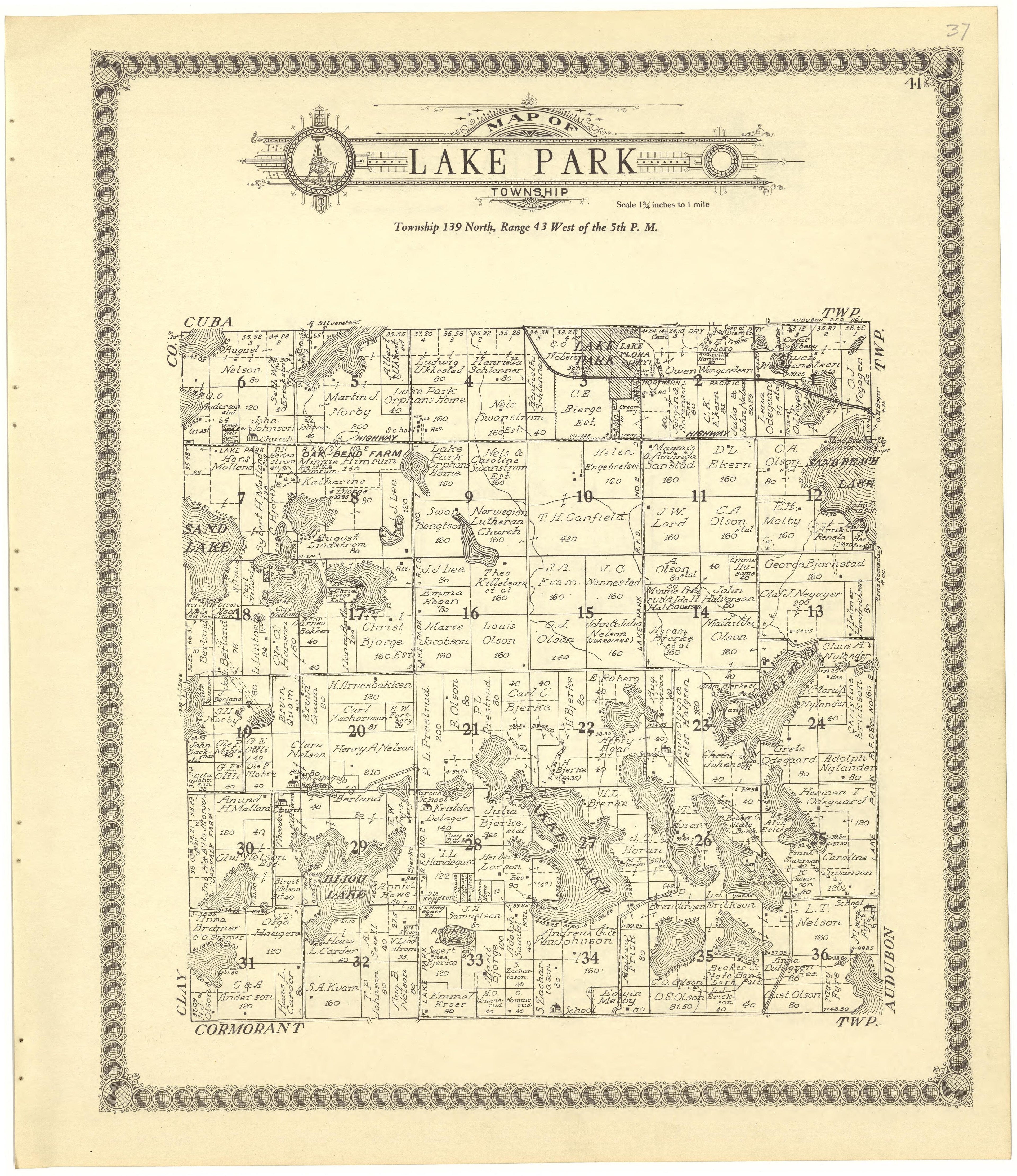 Map of Lake Park Township from Standard Atlas of Becker County, Minnesota : Including a Plat Book of the Villages, Cities and Townships of the County, Map of the State, United States and World : Patrons Directory, Reference … 1929 by Relic Map Company