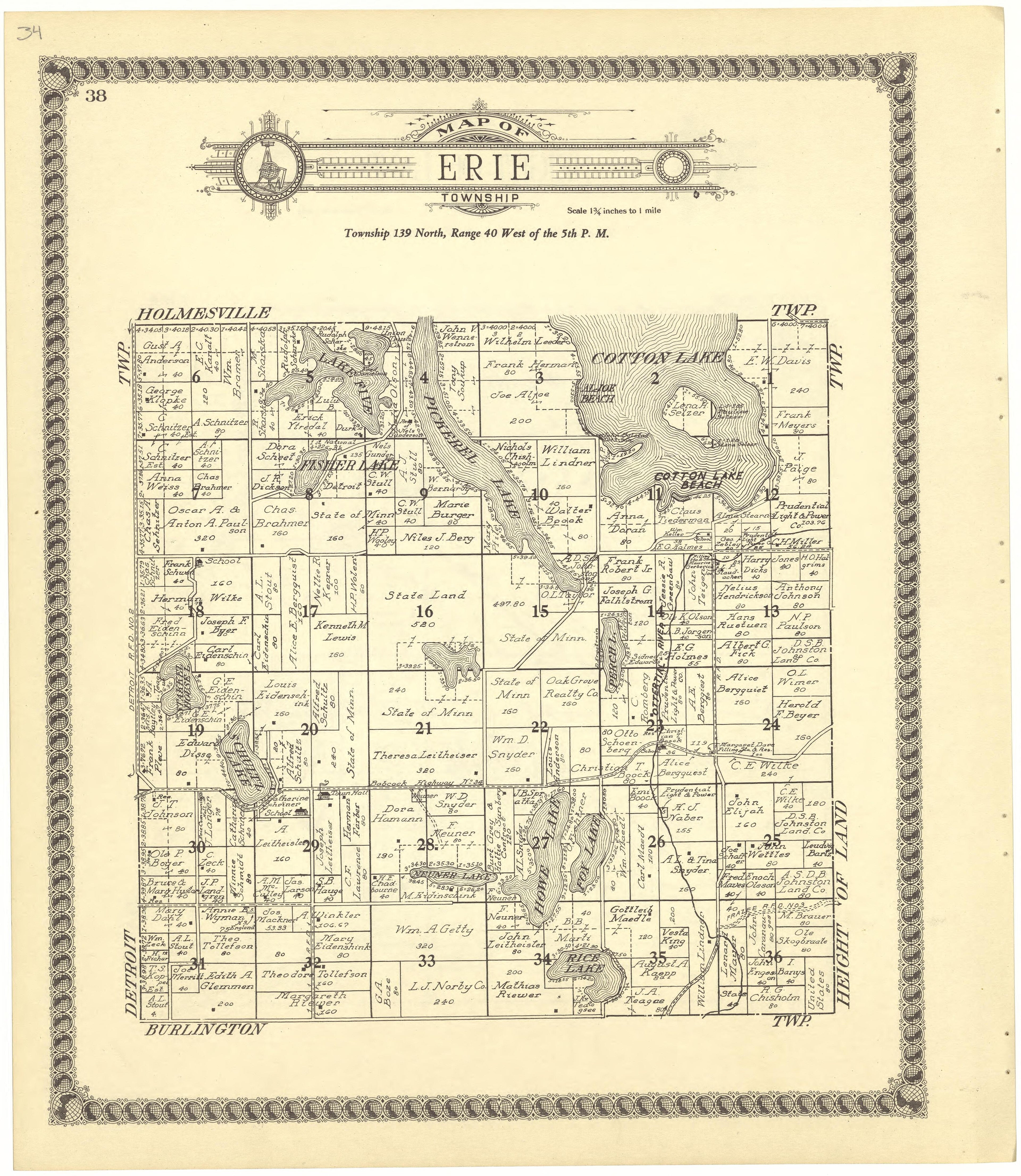 Map of Erie Township from Standard Atlas of Becker County, Minnesota : Including a Plat Book of the Villages, Cities and Townships of the County, Map of the State, United States and World : Patrons Directory, Reference … 1929 by Relic Map Company