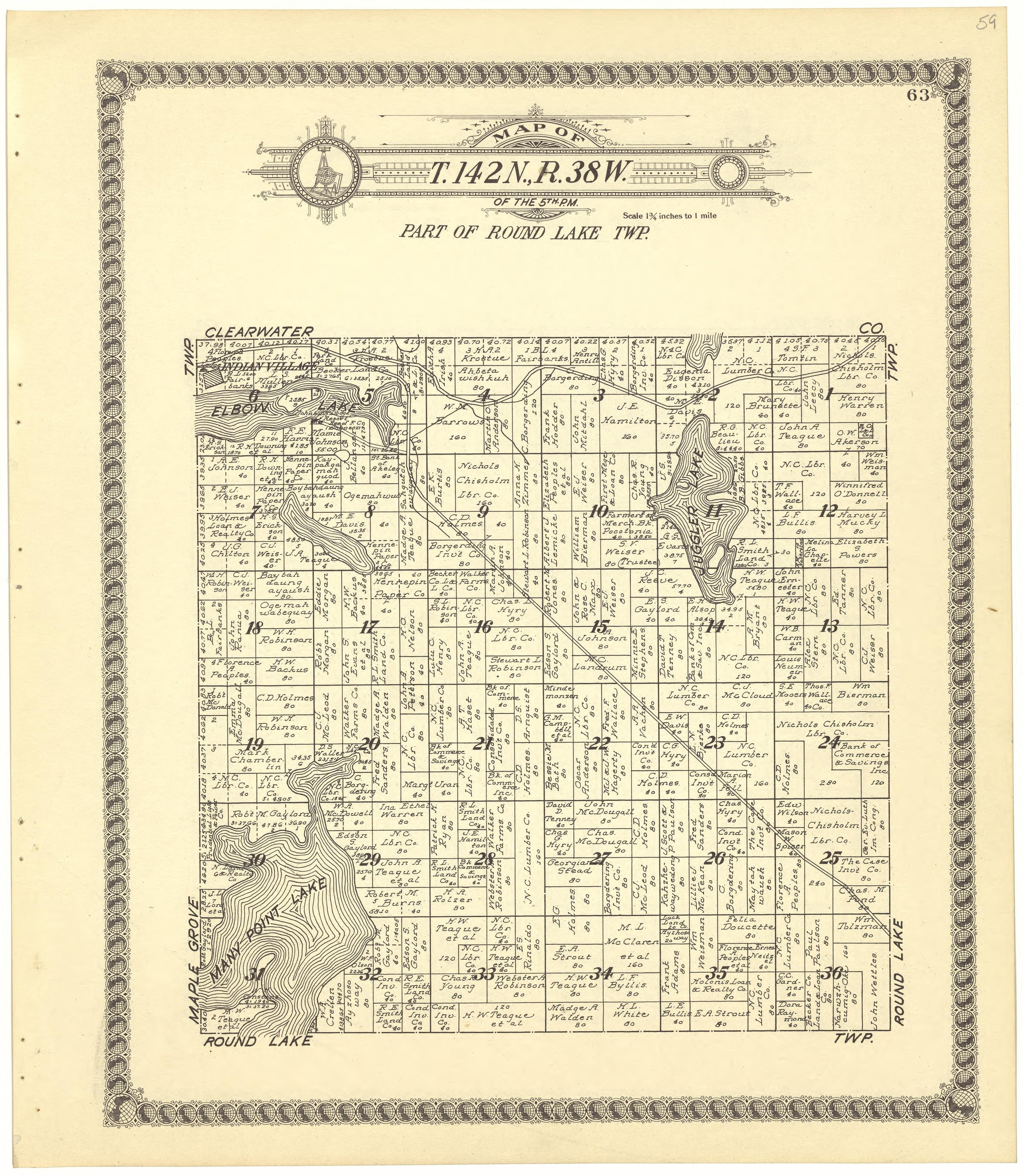 Map of T.142N.,R.38W from Standard Atlas of Becker County, Minnesota : Including a Plat Book of the Villages, Cities and Townships of the County, Map of the State, United States and World : Patrons Directory, Reference … 1929 by Relic Map Company