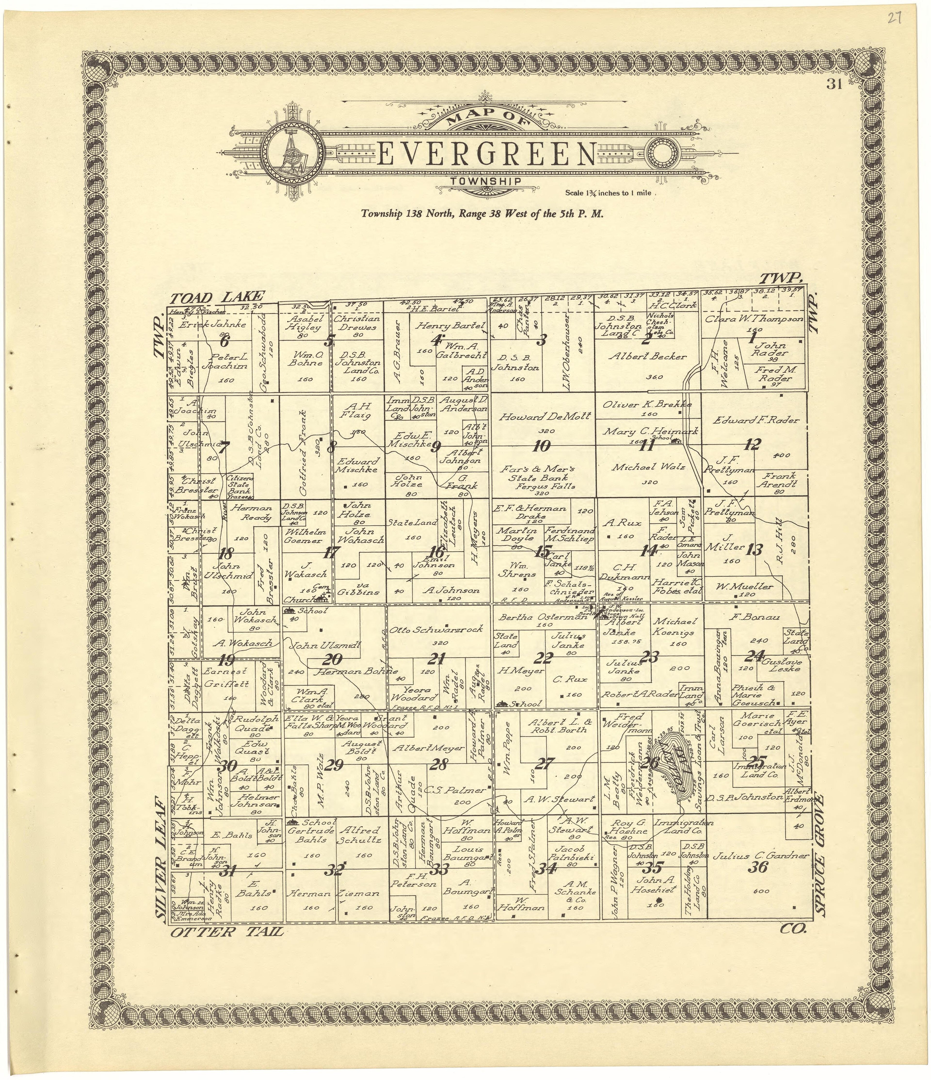 Map of Evergreen Township from Standard Atlas of Becker County, Minnesota : Including a Plat Book of the Villages, Cities and Townships of the County, Map of the State, United States and World : Patrons Directory, Reference … 1929 by Relic Map Company