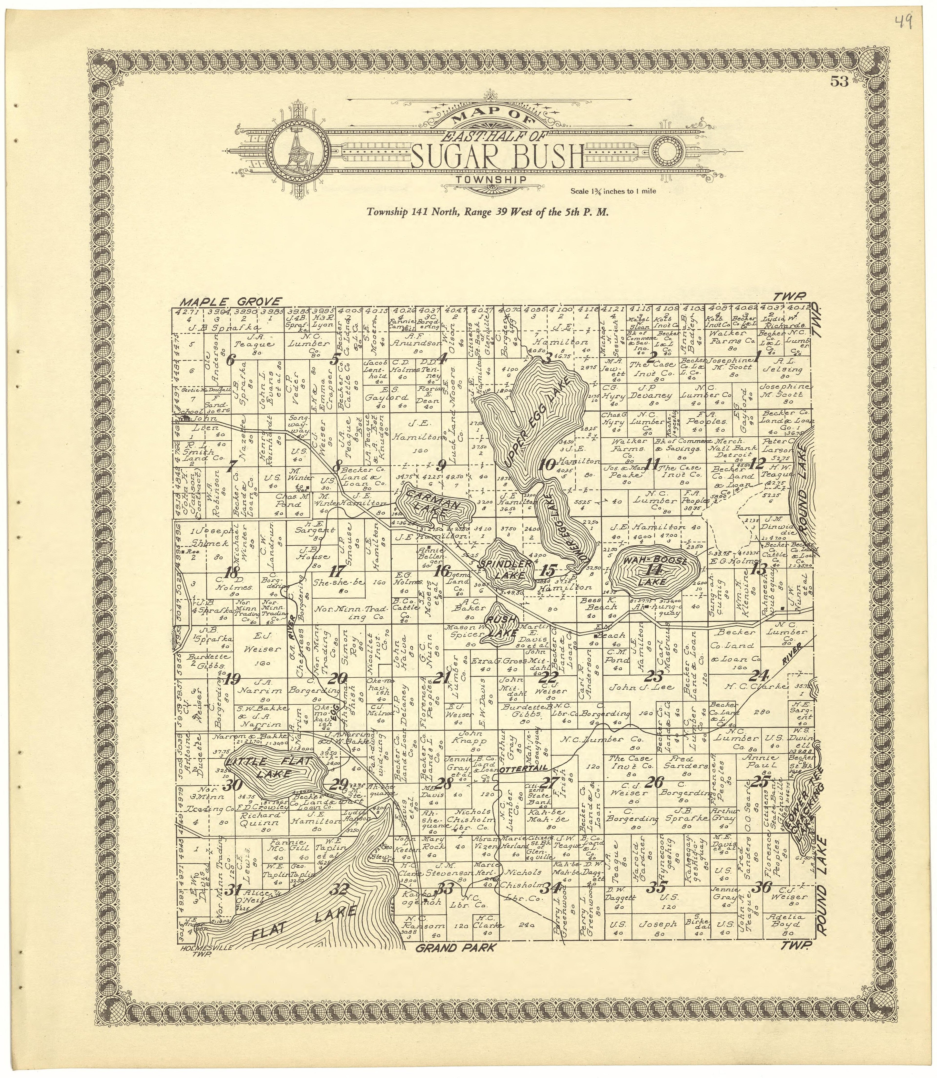 Map of East Half of Sugar Bush Township from Standard Atlas of Becker County, Minnesota : Including a Plat Book of the Villages, Cities and Townships of the County, Map of the State, United States and World : Patrons Directory, Reference … 1929 by Relic Map Company