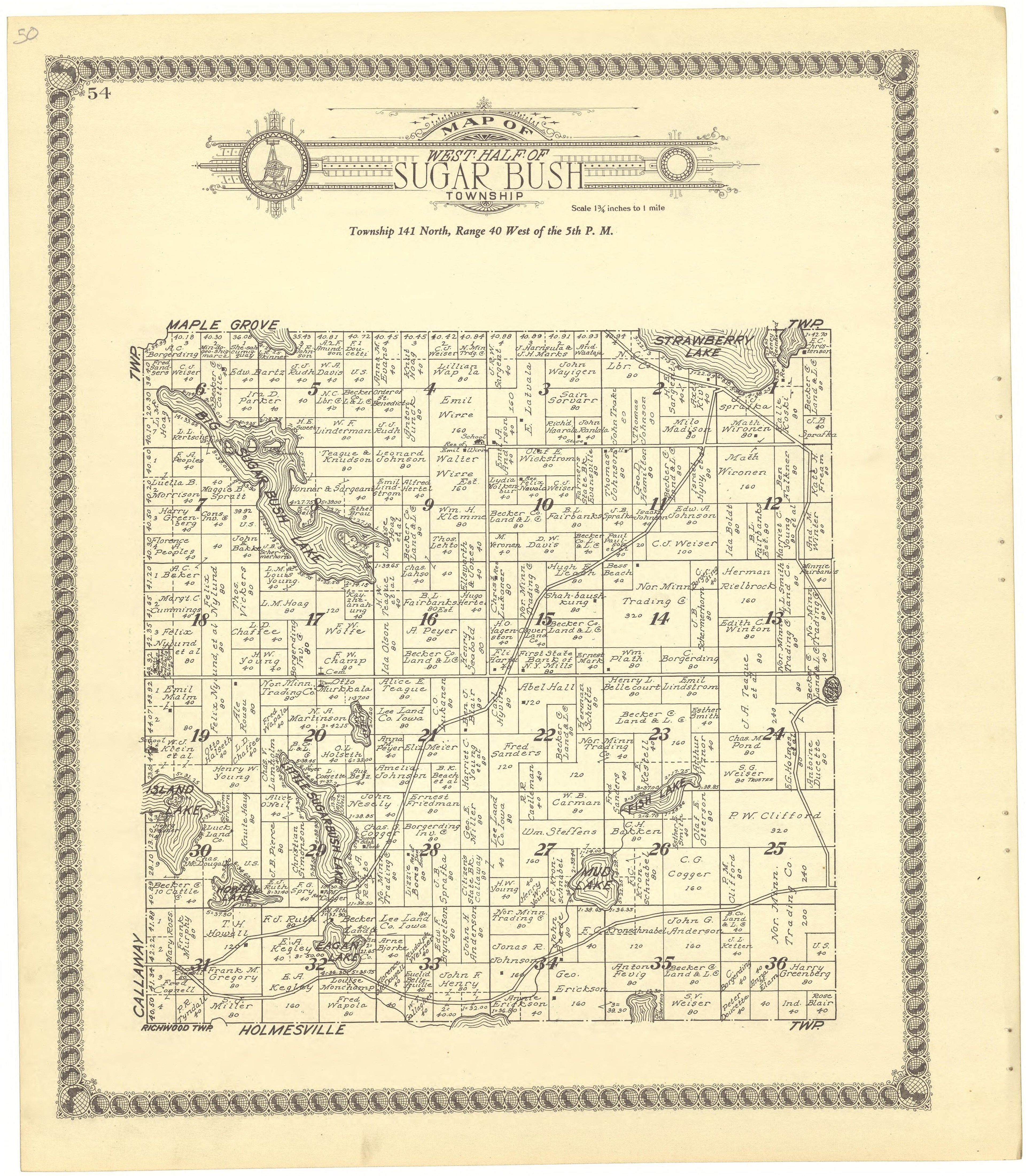Map of West Half of Sugar Bush Township from Standard Atlas of Becker County, Minnesota : Including a Plat Book of the Villages, Cities and Townships of the County, Map of the State, United States and World : Patrons Directory, Reference … 1929 by Relic Map Company