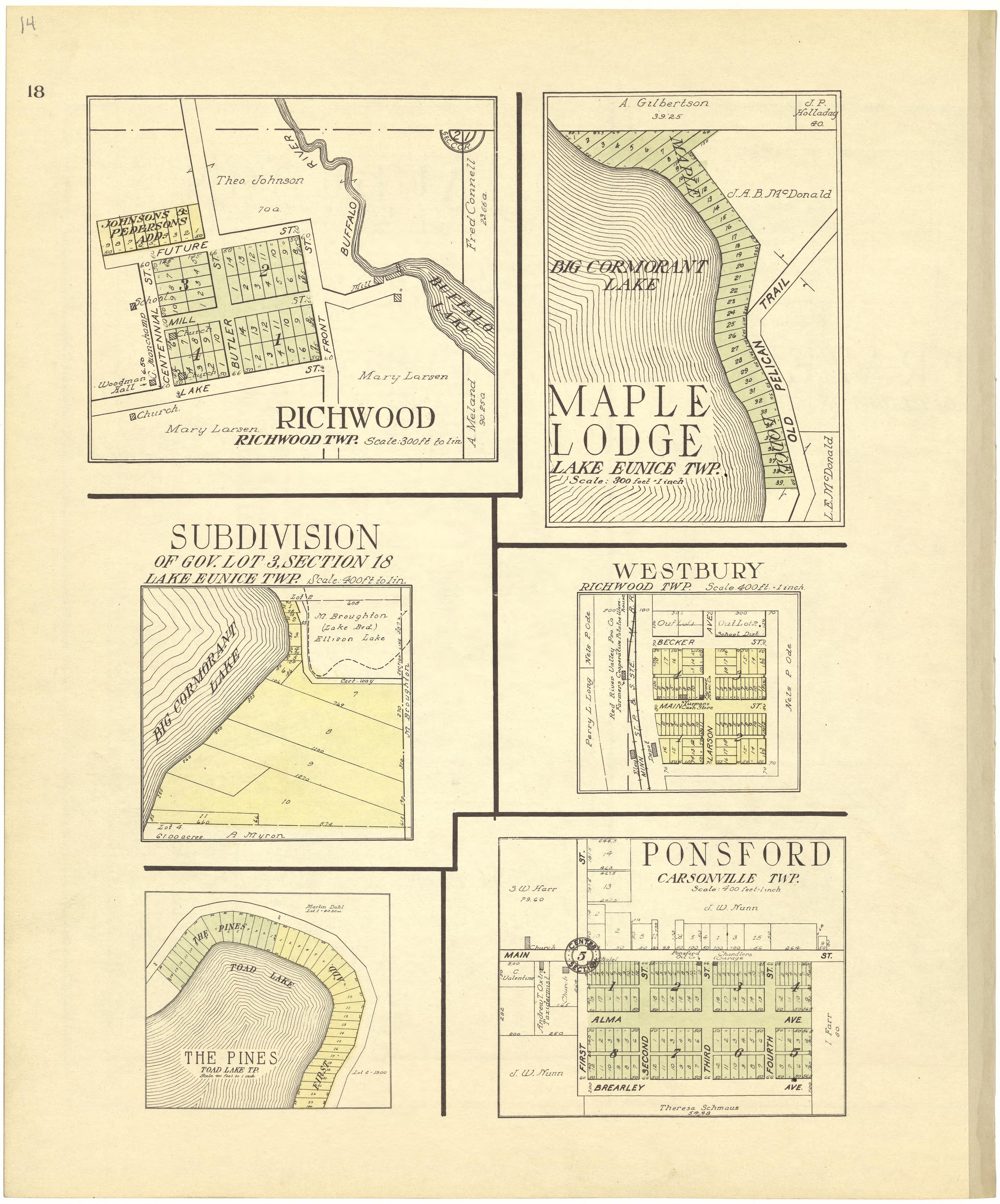Richwood; Maple Lodge; Westbury; Ponsford from Standard Atlas of Becker County, Minnesota : Including a Plat Book of the Villages, Cities and Townships of the County, Map of the State, United States and World : Patrons Directory, Reference … 1929 by Relic Map Company