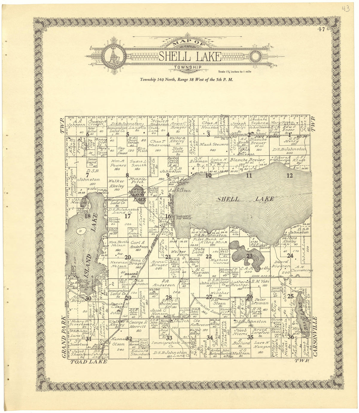 Map of Shell Lake Township from Standard Atlas of Becker County, Minnesota : Including a Plat Book of the Villages, Cities and Townships of the County, Map of the State, United States and World : Patrons Directory, Reference … 1929 by Relic Map Company