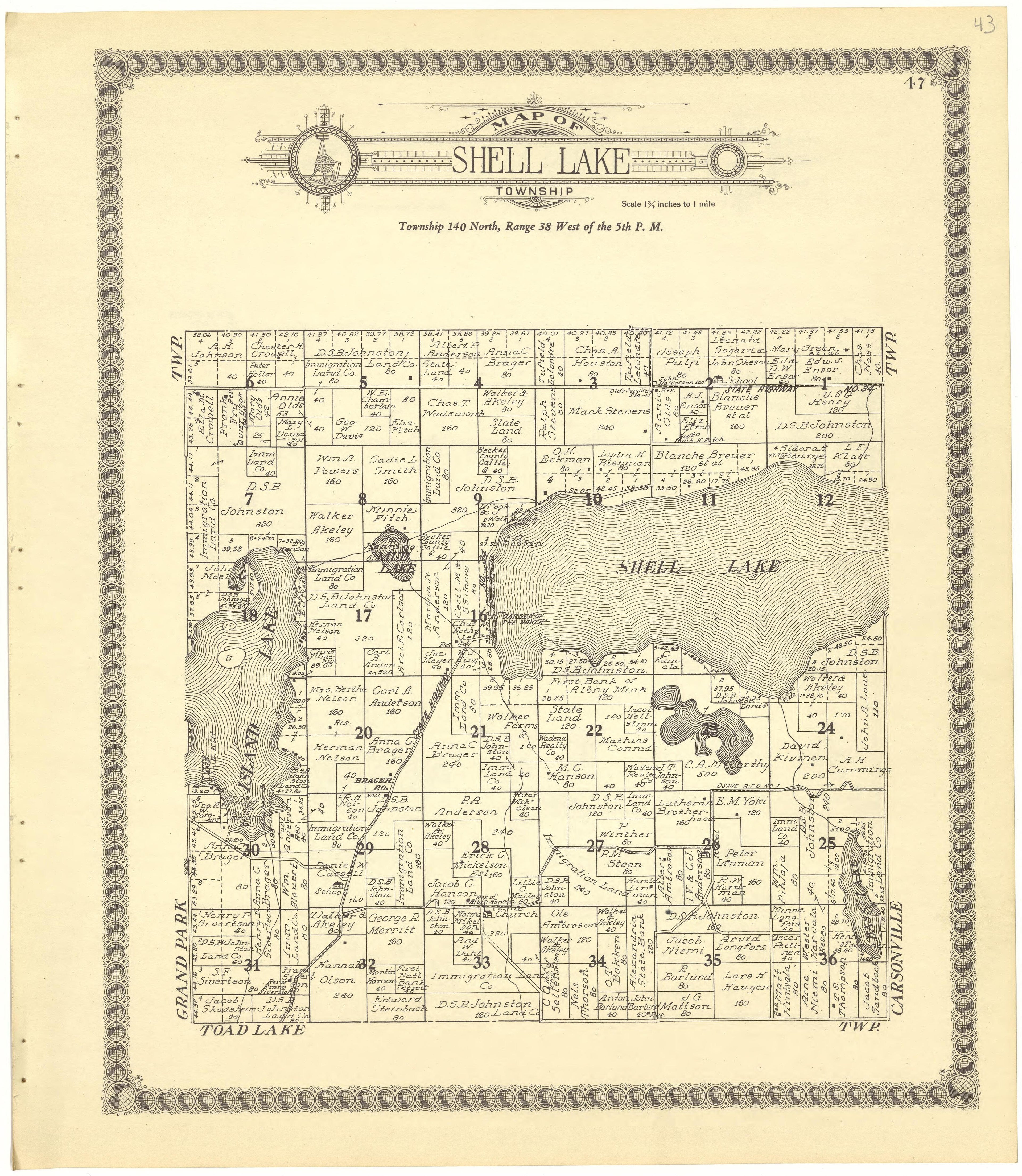 Map of Shell Lake Township from Standard Atlas of Becker County, Minnesota : Including a Plat Book of the Villages, Cities and Townships of the County, Map of the State, United States and World : Patrons Directory, Reference … 1929 by Relic Map Company