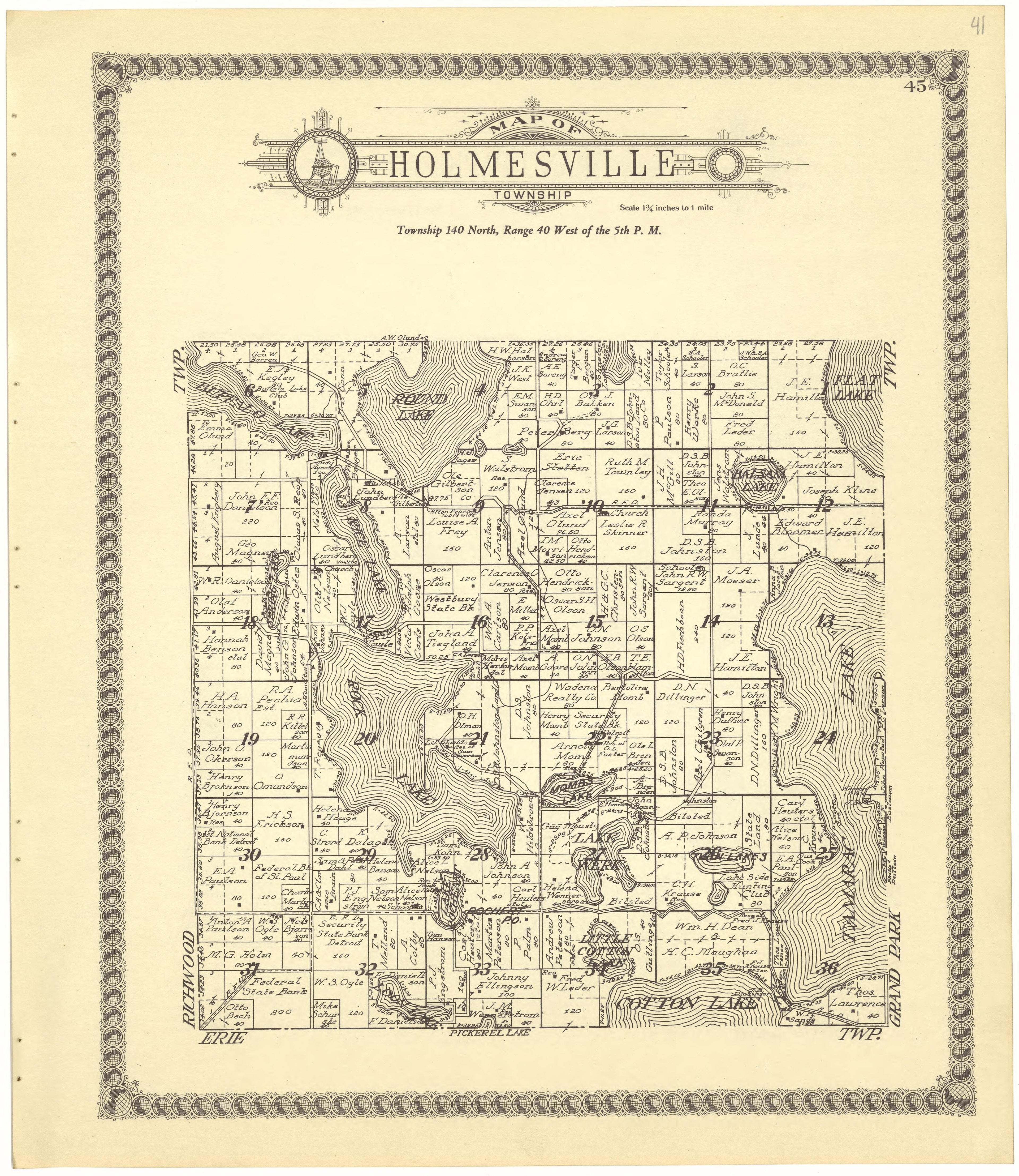 Map of Holmesville Township from Standard Atlas of Becker County, Minnesota : Including a Plat Book of the Villages, Cities and Townships of the County, Map of the State, United States and World : Patrons Directory, Reference … 1929 by Relic Map Company