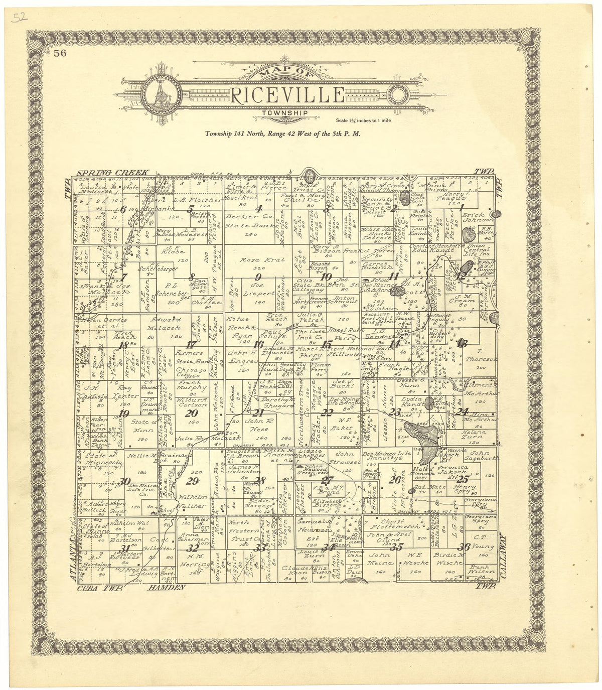 Map of Riceville Township from Standard Atlas of Becker County, Minnesota : Including a Plat Book of the Villages, Cities and Townships of the County, Map of the State, United States and World : Patrons Directory, Reference … 1929 by Relic Map Company