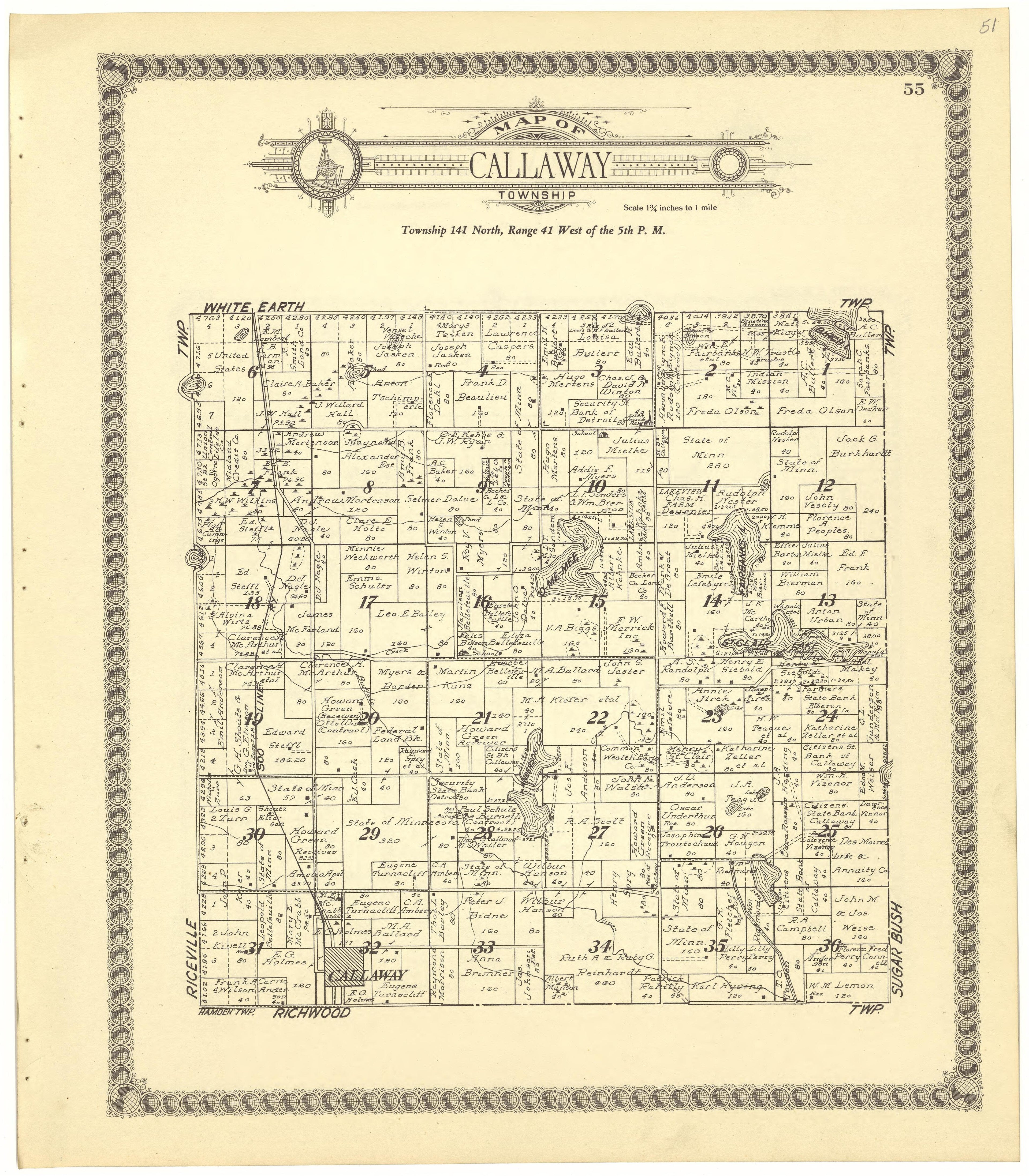 Map of Callaway Township from Standard Atlas of Becker County, Minnesota : Including a Plat Book of the Villages, Cities and Townships of the County, Map of the State, United States and World : Patrons Directory, Reference … 1929 by Relic Map Company