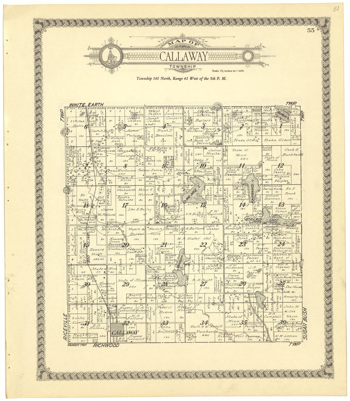 Map of Callaway Township from Standard Atlas of Becker County, Minnesota : Including a Plat Book of the Villages, Cities and Townships of the County, Map of the State, United States and World : Patrons Directory, Reference … 1929 by Relic Map Company