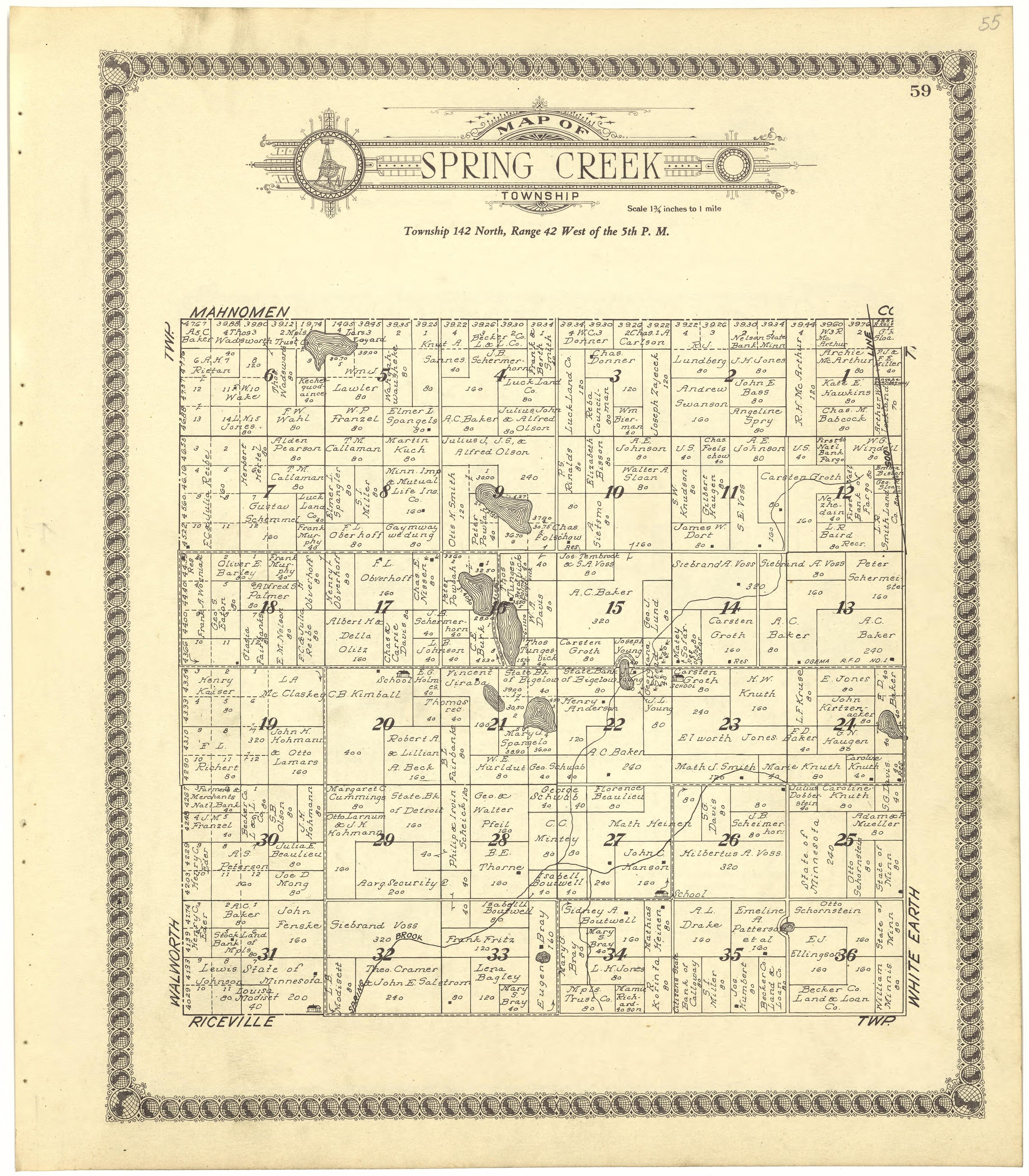 Map of Spring Creek Township from Standard Atlas of Becker County, Minnesota : Including a Plat Book of the Villages, Cities and Townships of the County, Map of the State, United States and World : Patrons Directory, Reference … 1929 by Relic Map Company