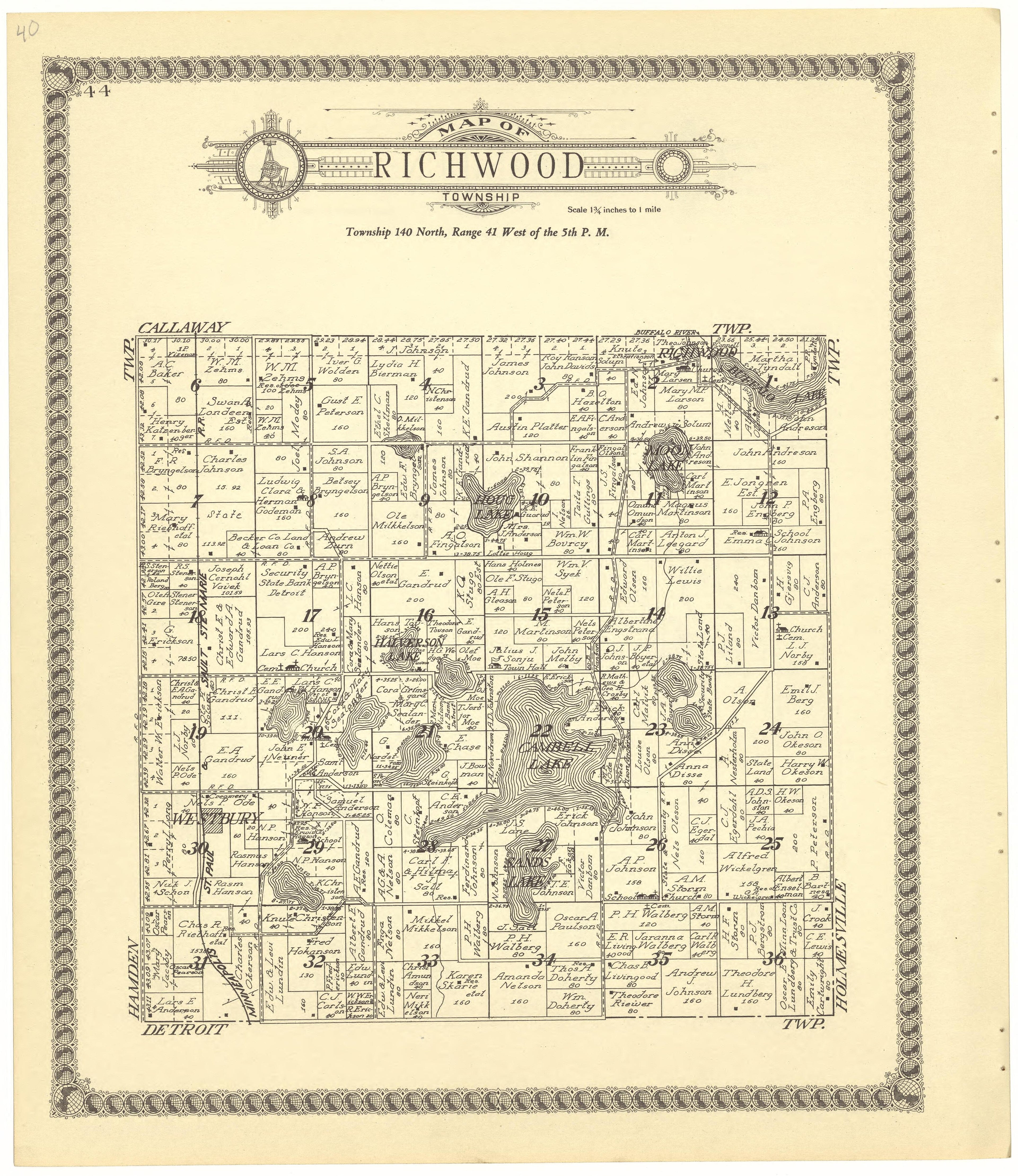 Map of Richwood Township from Standard Atlas of Becker County, Minnesota : Including a Plat Book of the Villages, Cities and Townships of the County, Map of the State, United States and World : Patrons Directory, Reference … 1929 by Relic Map Company
