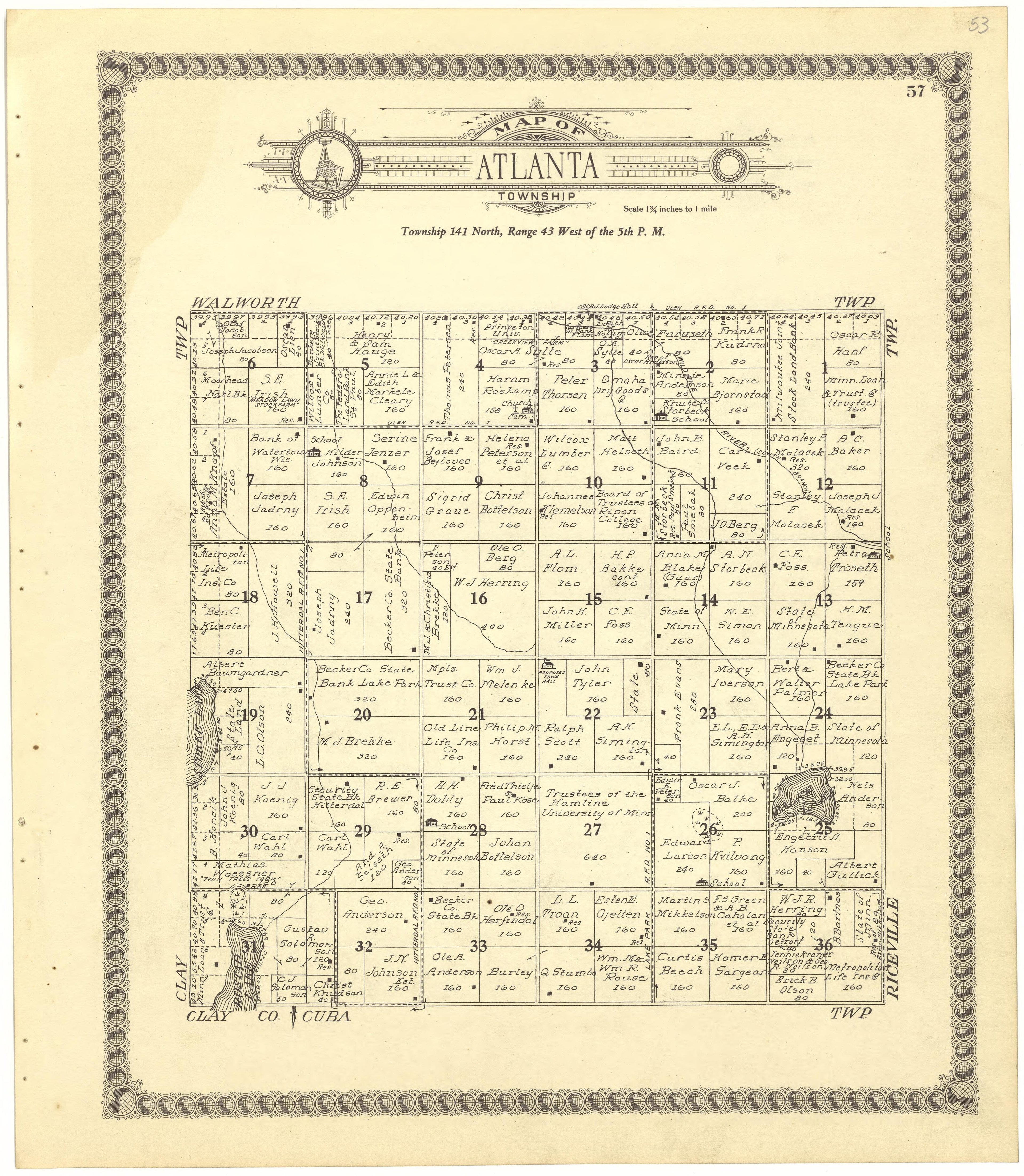 Map of Atlanta Township from Standard Atlas of Becker County, Minnesota : Including a Plat Book of the Villages, Cities and Townships of the County, Map of the State, United States and World : Patrons Directory, Reference … 1929 by Relic Map Company
