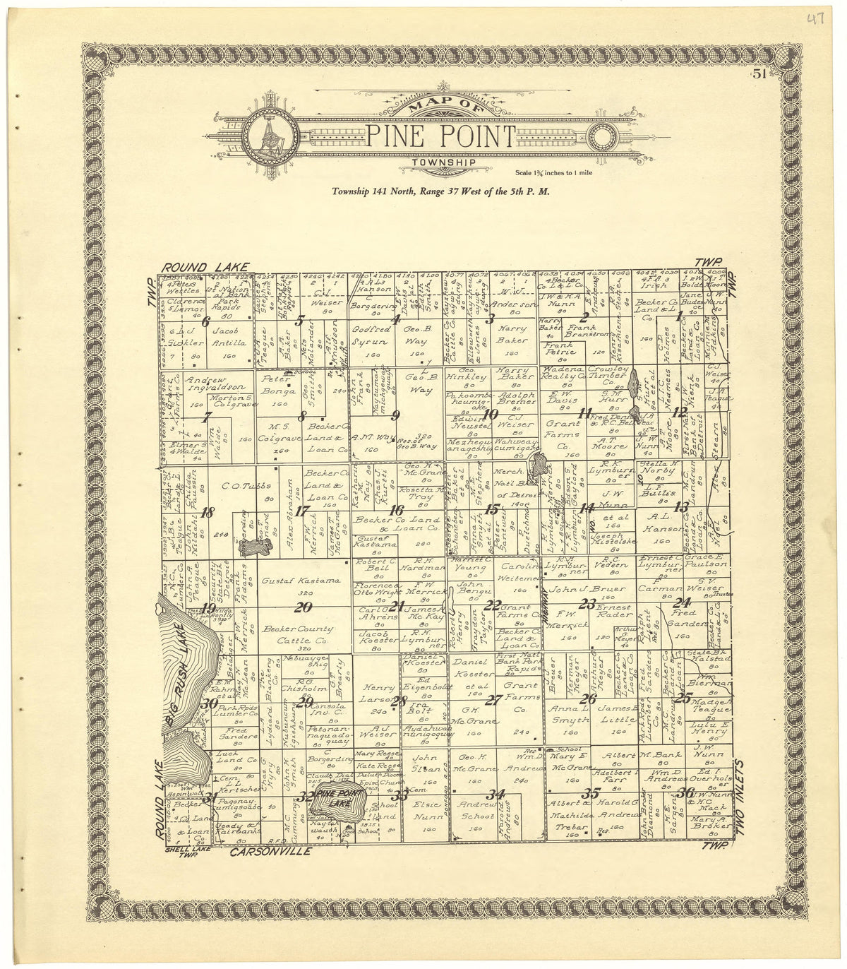 Map of Pine Point Township from Standard Atlas of Becker County, Minnesota : Including a Plat Book of the Villages, Cities and Townships of the County, Map of the State, United States and World : Patrons Directory, Reference … 1929 by Relic Map Company