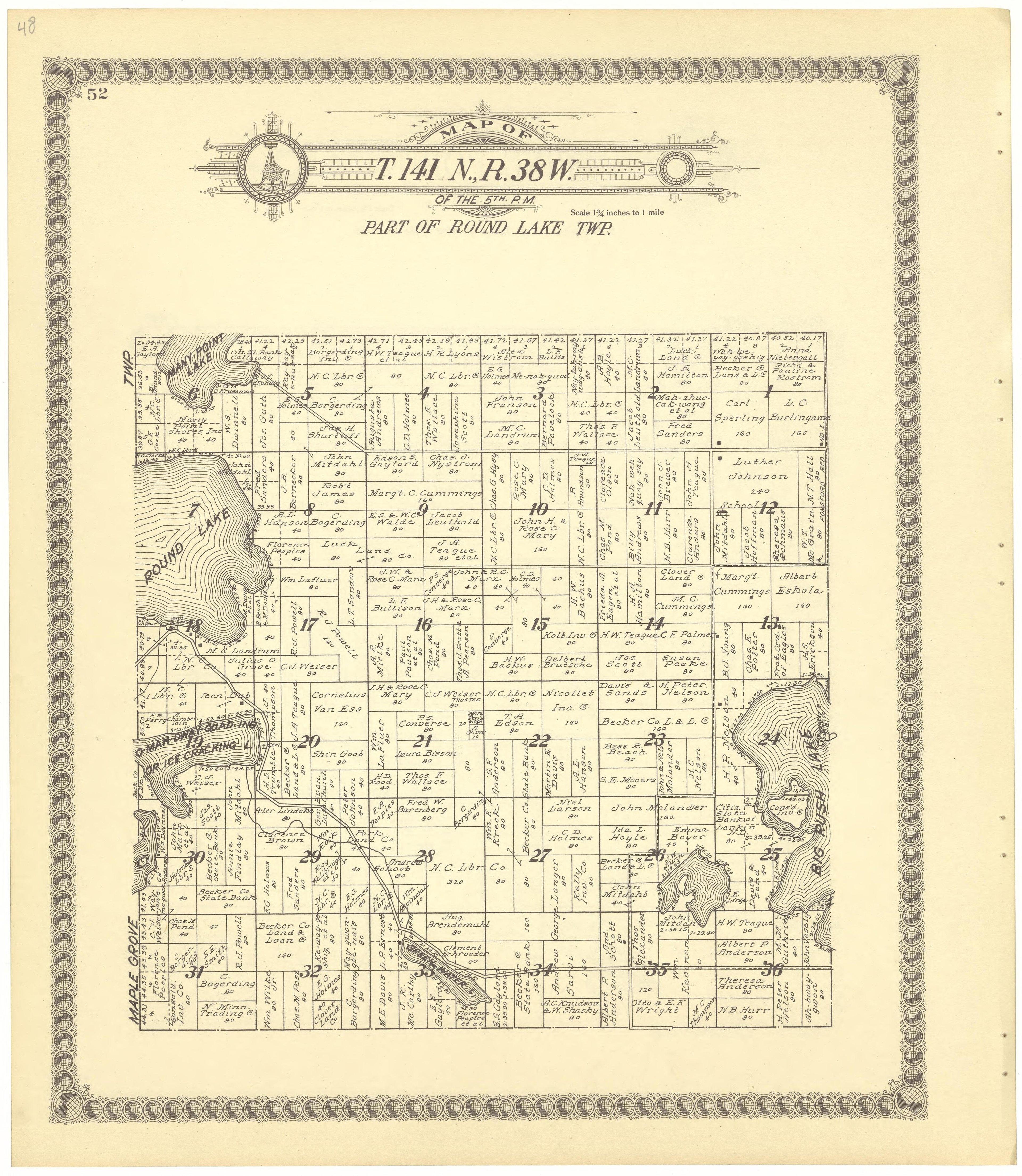 Map of T. 141 N.,R.38W from Standard Atlas of Becker County, Minnesota : Including a Plat Book of the Villages, Cities and Townships of the County, Map of the State, United States and World : Patrons Directory, Reference … 1929 by Relic Map Company