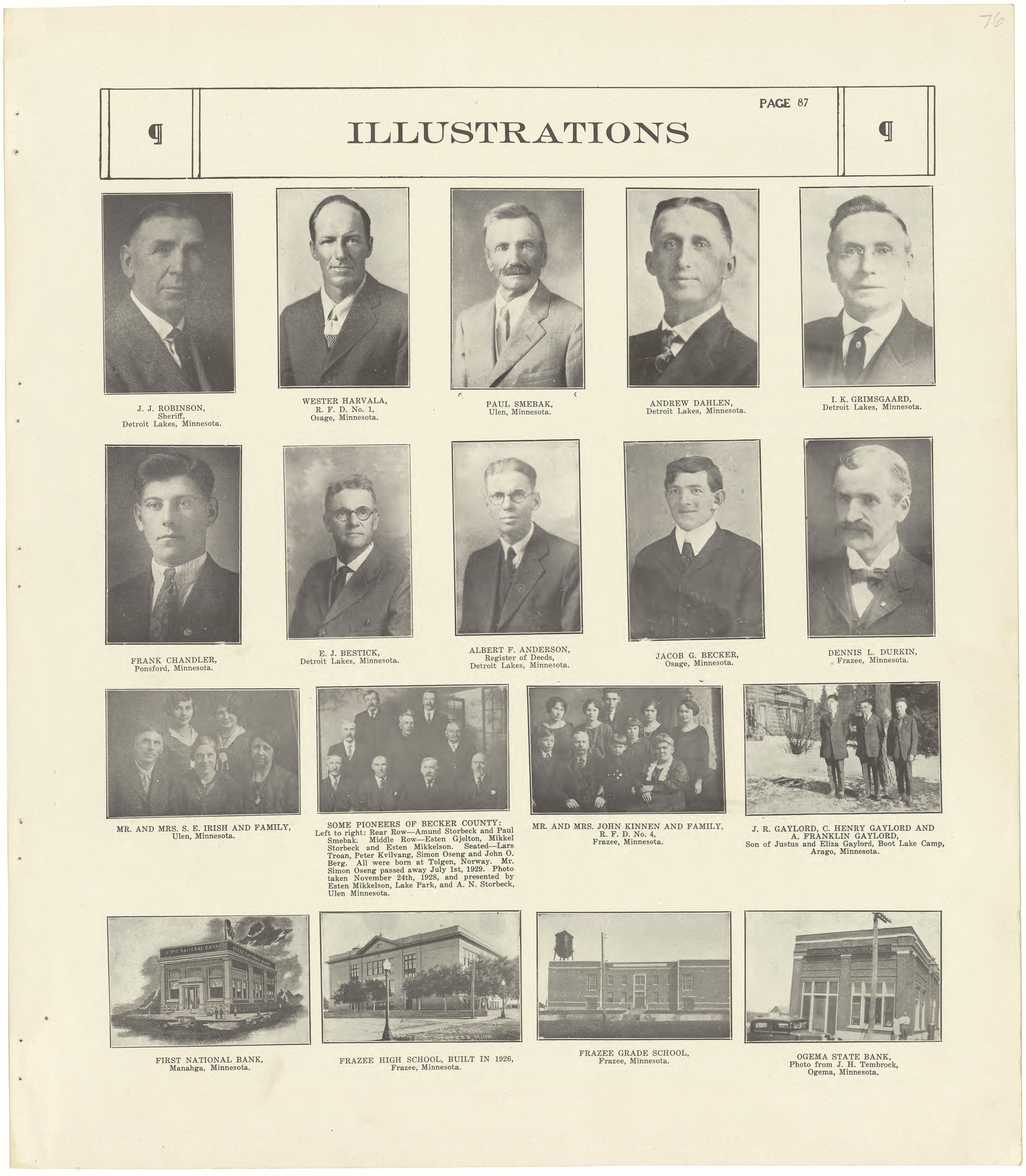 Illustrations from Standard Atlas of Becker County, Minnesota : Including a Plat Book of the Villages, Cities and Townships of the County, Map of the State, United States and World : Patrons Directory, Reference … 1929 by Relic Map Company