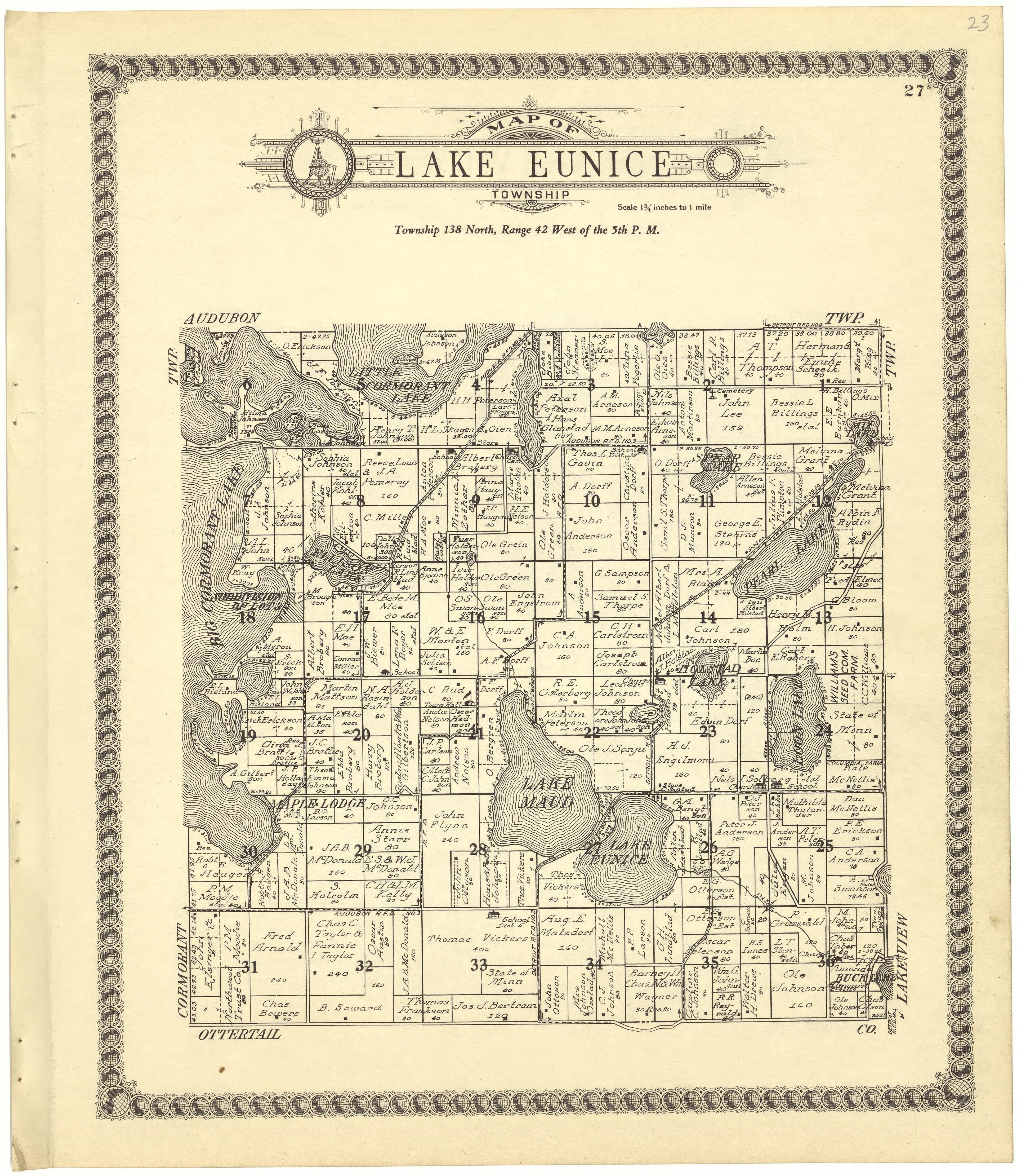 Map of Lake Eunice Township from Standard Atlas of Becker County, Minnesota : Including a Plat Book of the Villages, Cities and Townships of the County, Map of the State, United States and World : Patrons Directory, Reference … 1929 by Relic Map Company