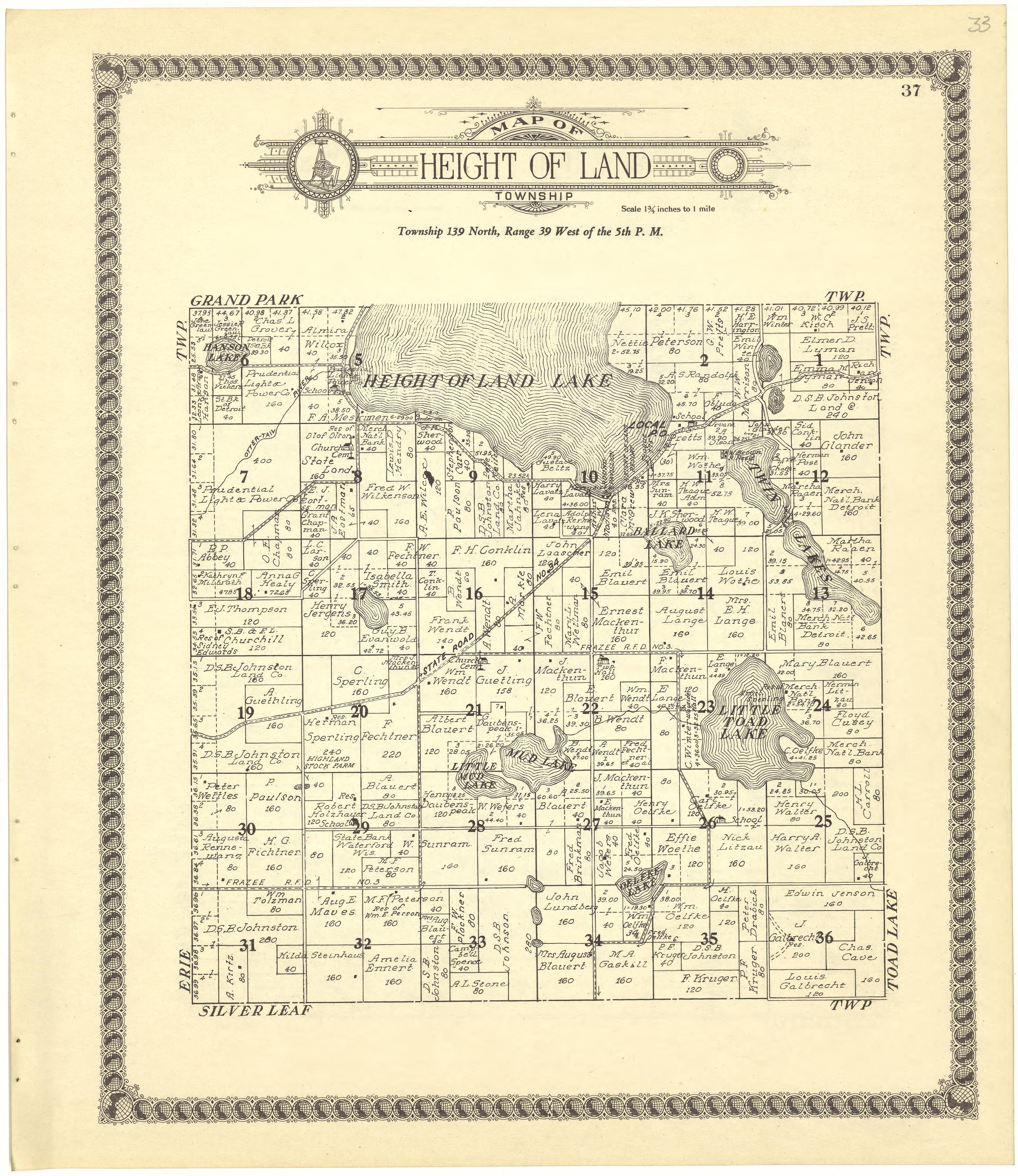 Map of Height of Land Township from Standard Atlas of Becker County, Minnesota : Including a Plat Book of the Villages, Cities and Townships of the County, Map of the State, United States and World : Patrons Directory, Reference … 1929 by Relic Map Company