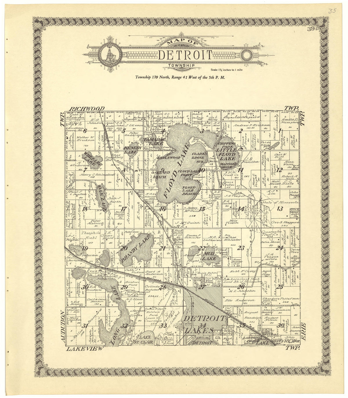 Map of Detroit Township from Standard Atlas of Becker County, Minnesota : Including a Plat Book of the Villages, Cities and Townships of the County, Map of the State, United States and World : Patrons Directory, Reference … 1929 by Relic Map Company