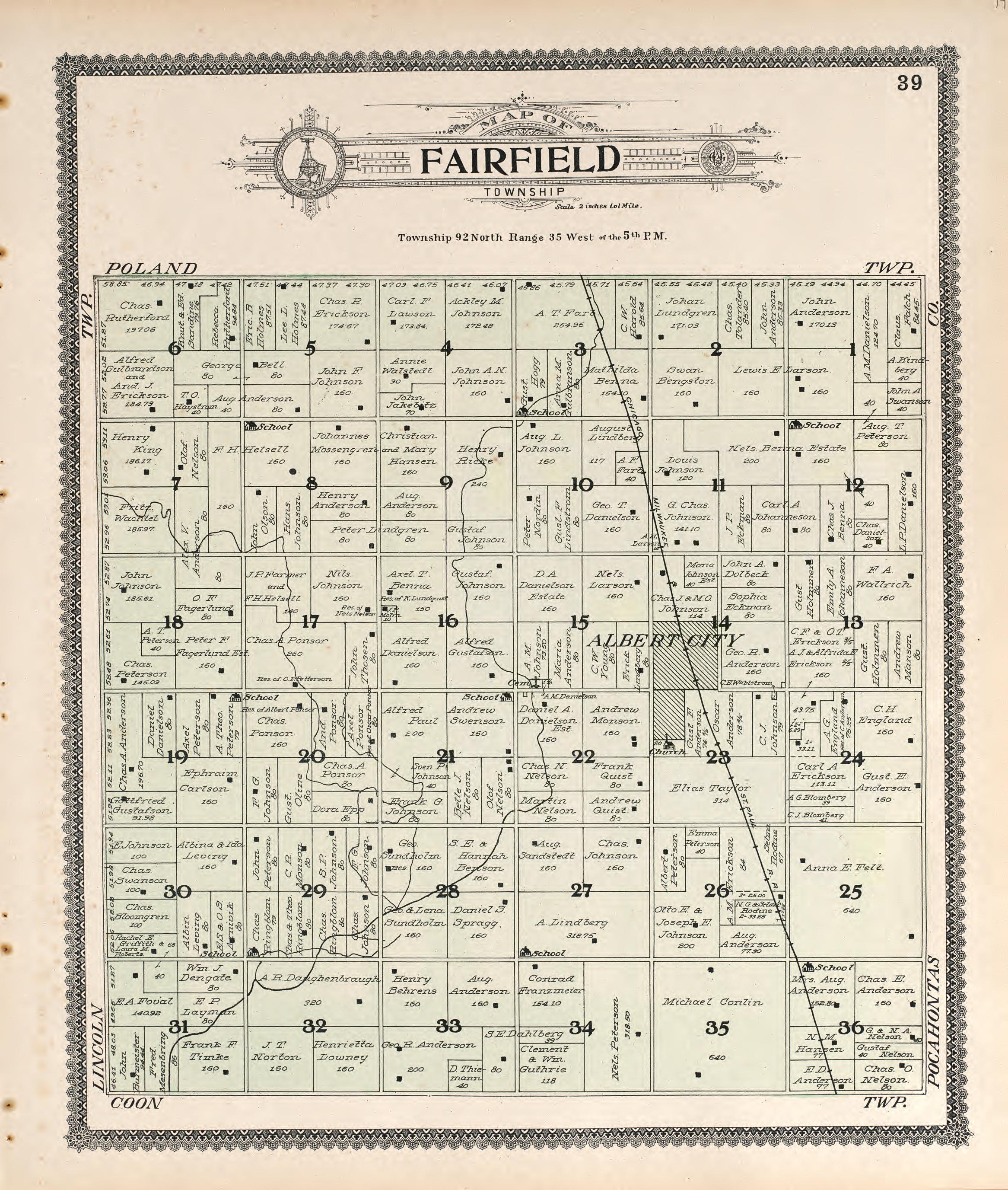 Fairfield from Standard Atlas of Buena Vista County, Iowa : Including a Plat Book of the Villages, Cities and Townships of the County, Map of the State, United States and World, Patrons Directory, Reference … 1908 by Relic Map Company