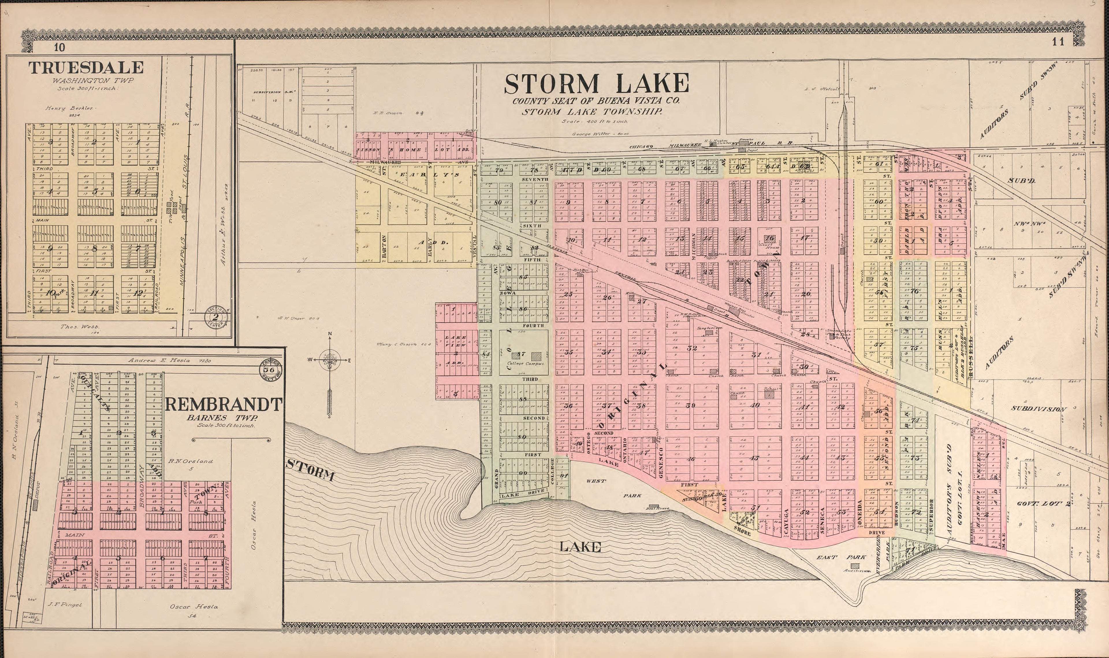 Storm Lake from Standard Atlas of Buena Vista County, Iowa : Including a Plat Book of the Villages, Cities and Townships of the County, Map of the State, United States and World, Patrons Directory, Reference … 1908 by Relic Map Company