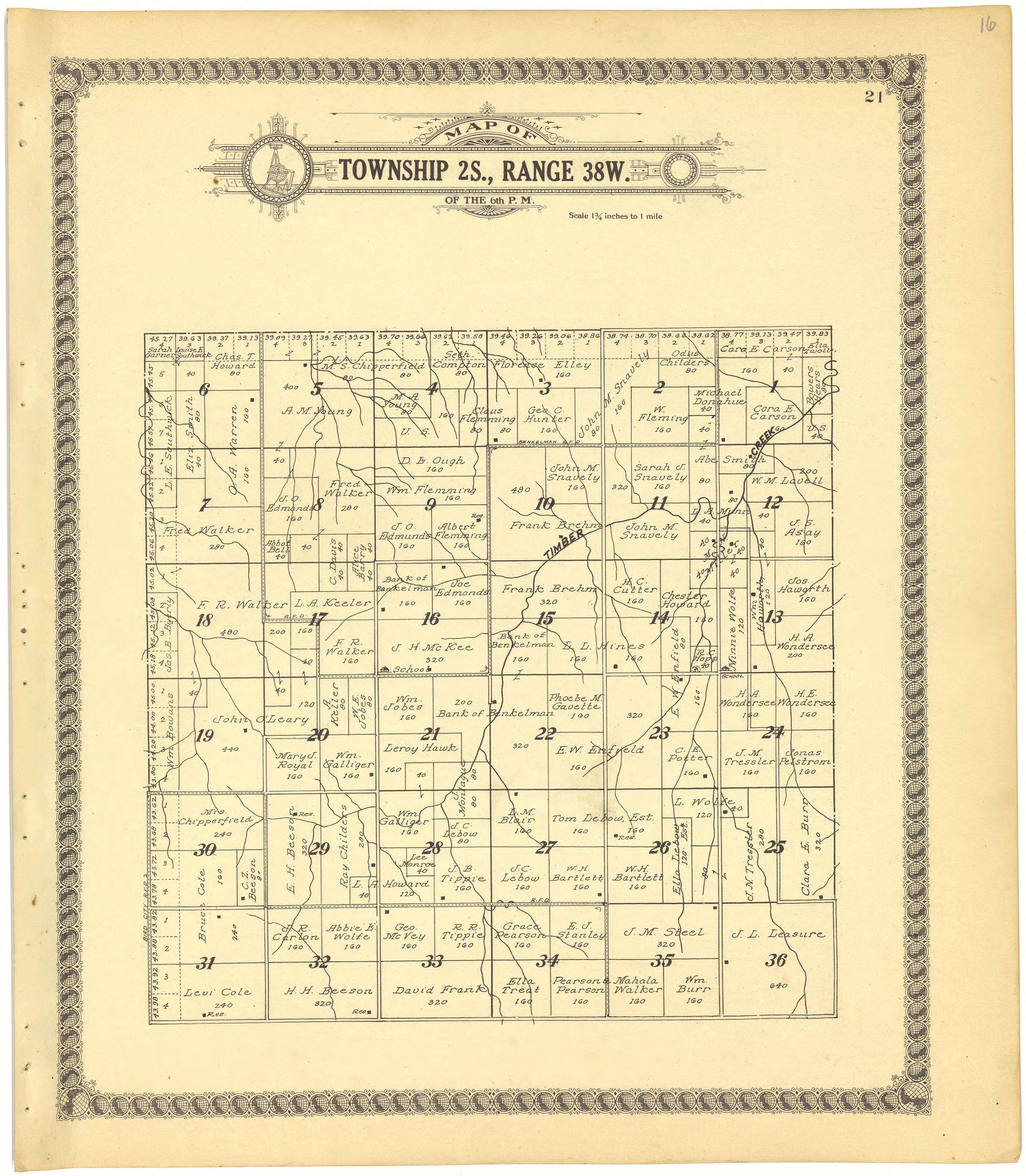 Map of Township 2S., Range 38W. of the 6th P.M. from Standard Atlas of Cheyenne County, Kansas : Including a Plat Book of the Villages, Cities and Townships of the County, Map of the State, United States and World : Patrons Directory, Reference … 1928 by Relic Map Company