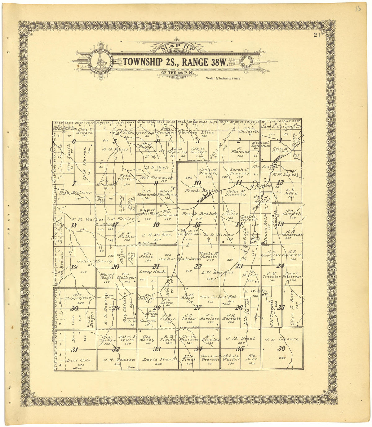 Map of Township 2S., Range 38W. of the 6th P.M. from Standard Atlas of Cheyenne County, Kansas : Including a Plat Book of the Villages, Cities and Townships of the County, Map of the State, United States and World : Patrons Directory, Reference … 1928 by Relic Map Company