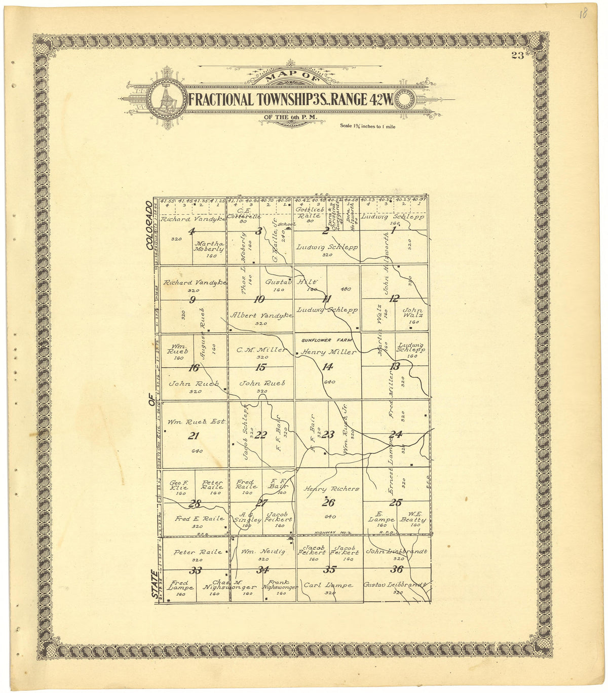 Map of Fractional Township 3S., Range 42W. of the 6th P.M. from Standard Atlas of Cheyenne County, Kansas : Including a Plat Book of the Villages, Cities and Townships of the County, Map of the State, United States and World : Patrons Directory, Refer... by Relic Map Company