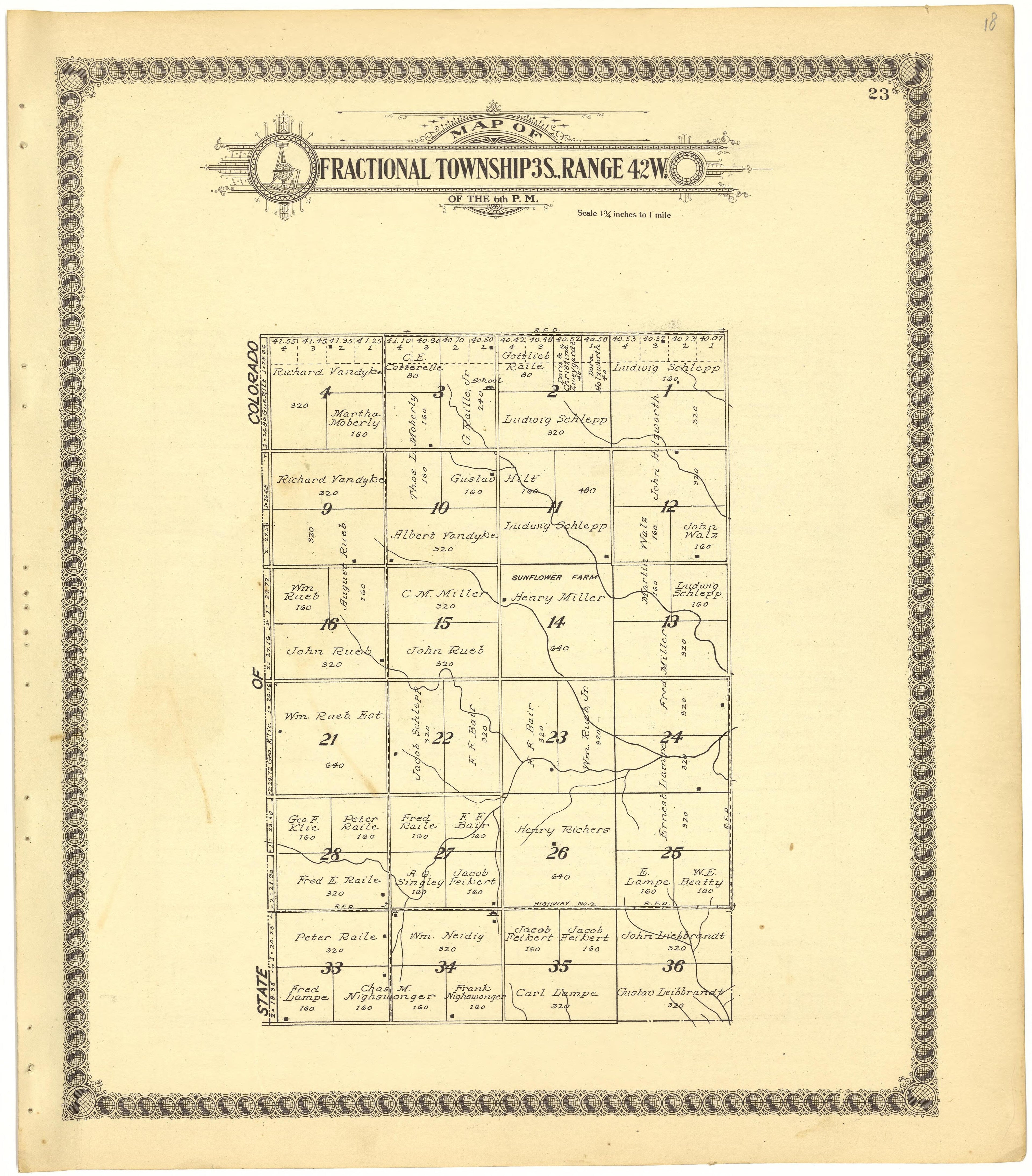 Map of Fractional Township 3S., Range 42W. of the 6th P.M. from Standard Atlas of Cheyenne County, Kansas : Including a Plat Book of the Villages, Cities and Townships of the County, Map of the State, United States and World : Patrons Directory, Refer... by Relic Map Company
