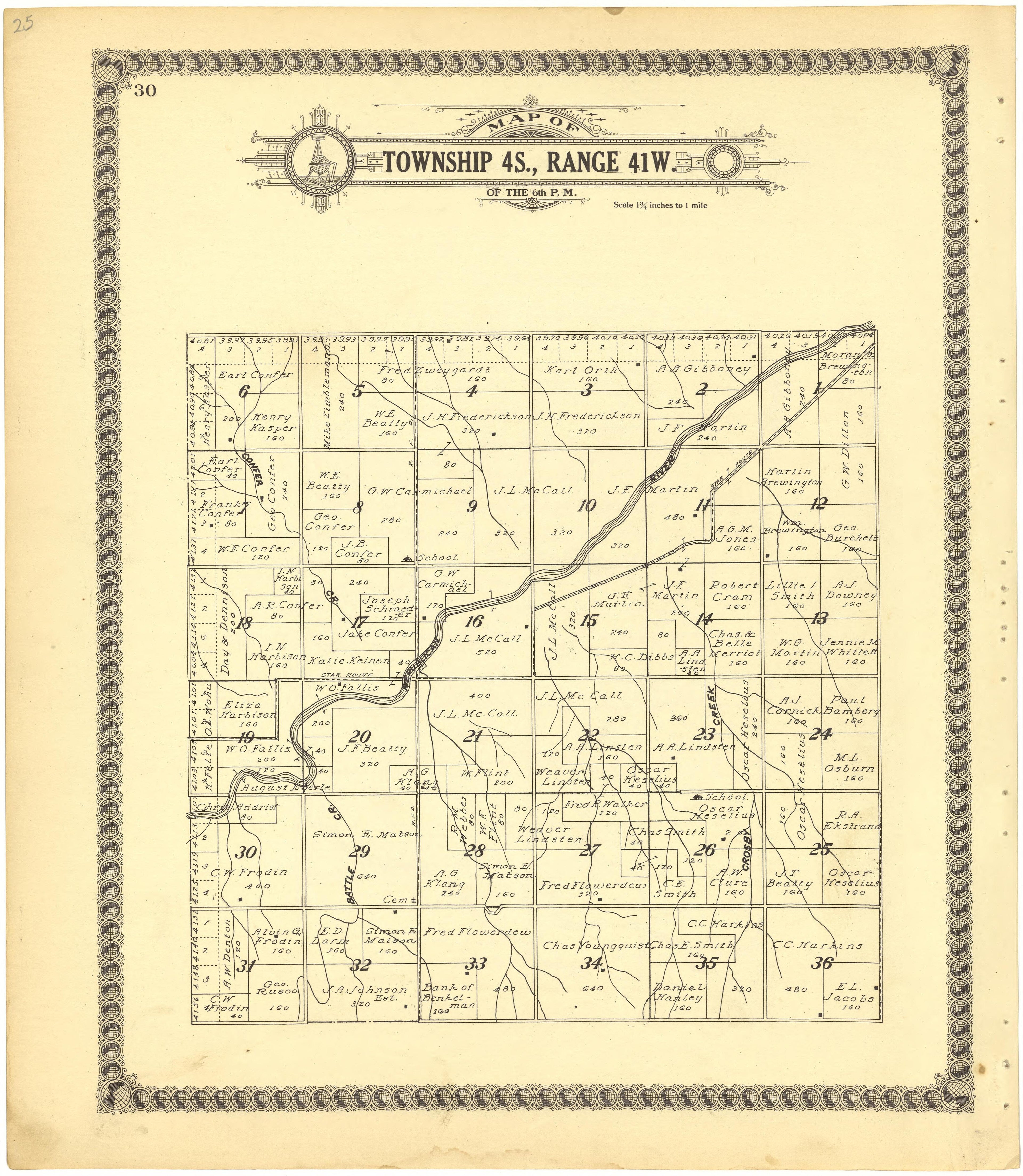 Map of Township 4S., Range 41W. of the 6th P.M. from Standard Atlas of Cheyenne County, Kansas : Including a Plat Book of the Villages, Cities and Townships of the County, Map of the State, United States and World : Patrons Directory, Reference … 1928 by Relic Map Company