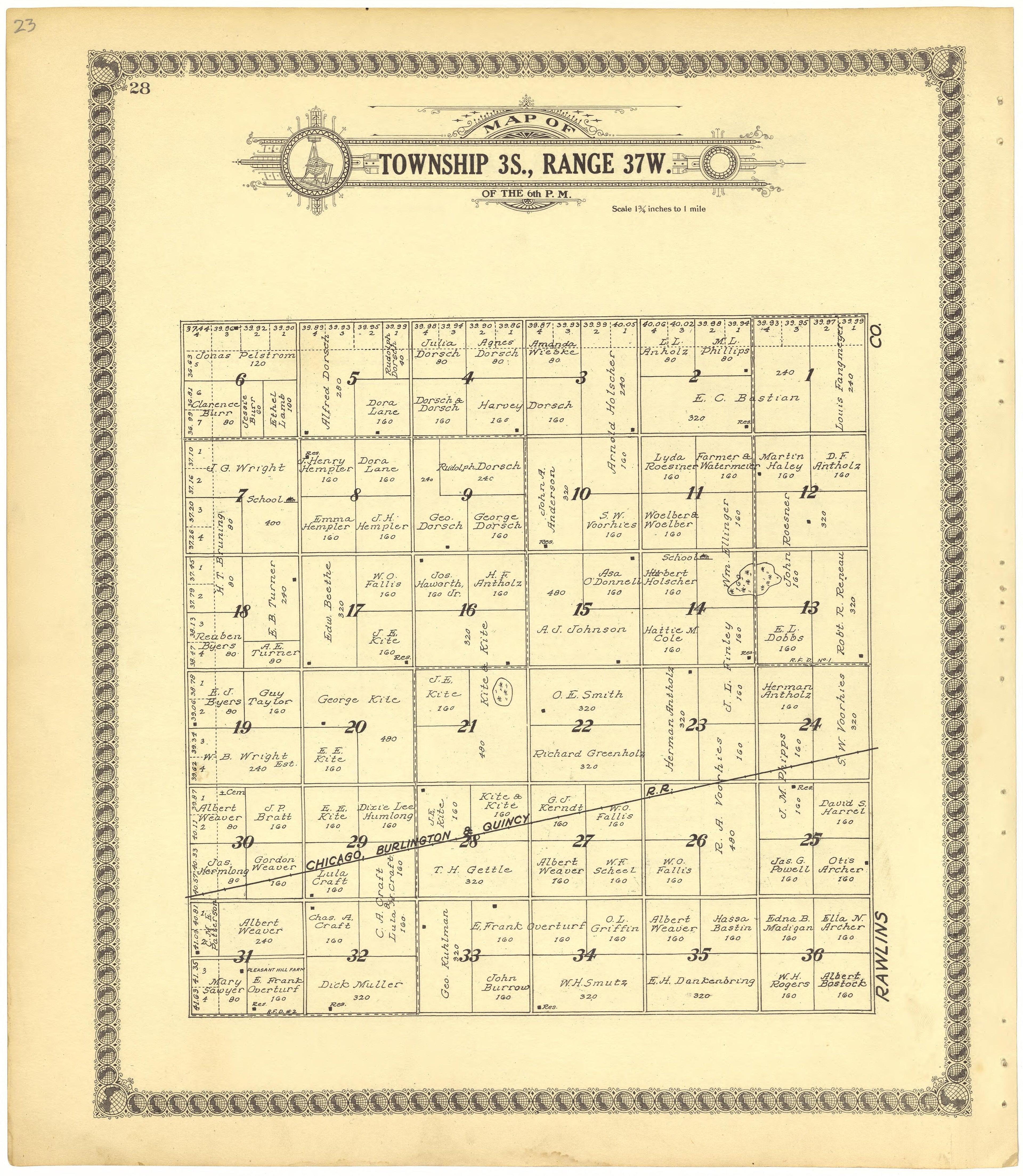 Map of Township 3S., Range 37W. of the 6th P.M. from Standard Atlas of Cheyenne County, Kansas : Including a Plat Book of the Villages, Cities and Townships of the County, Map of the State, United States and World : Patrons Directory, Reference … 1928 by Relic Map Company