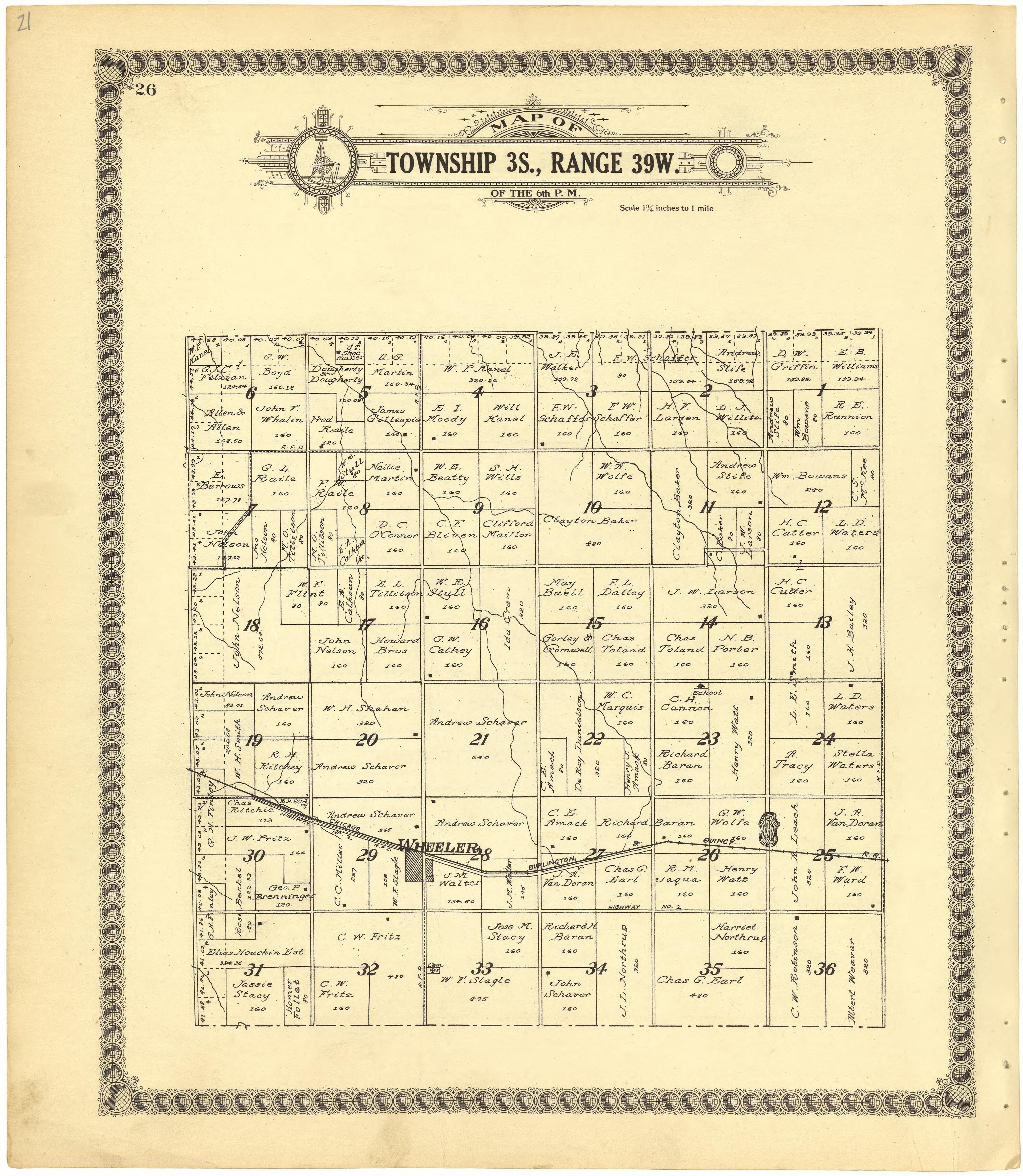 Map of Township 3S., Range 39W. of the 6th P.M. from Standard Atlas of Cheyenne County, Kansas : Including a Plat Book of the Villages, Cities and Townships of the County, Map of the State, United States and World : Patrons Directory, Reference … 1928 by Relic Map Company