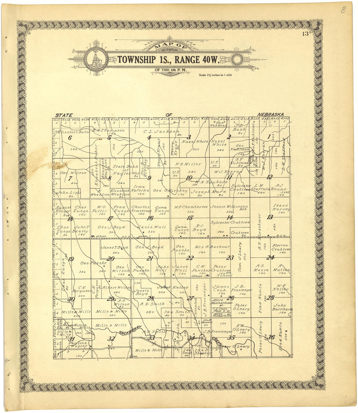 Map of Township 1S., Range 40W. of the 6th P.M. from Standard Atlas of Cheyenne County, Kansas : Including a Plat Book of the Villages, Cities and Townships of the County, Map of the State, United States and World : Patrons Directory, Reference … 1928 by Relic Map Company