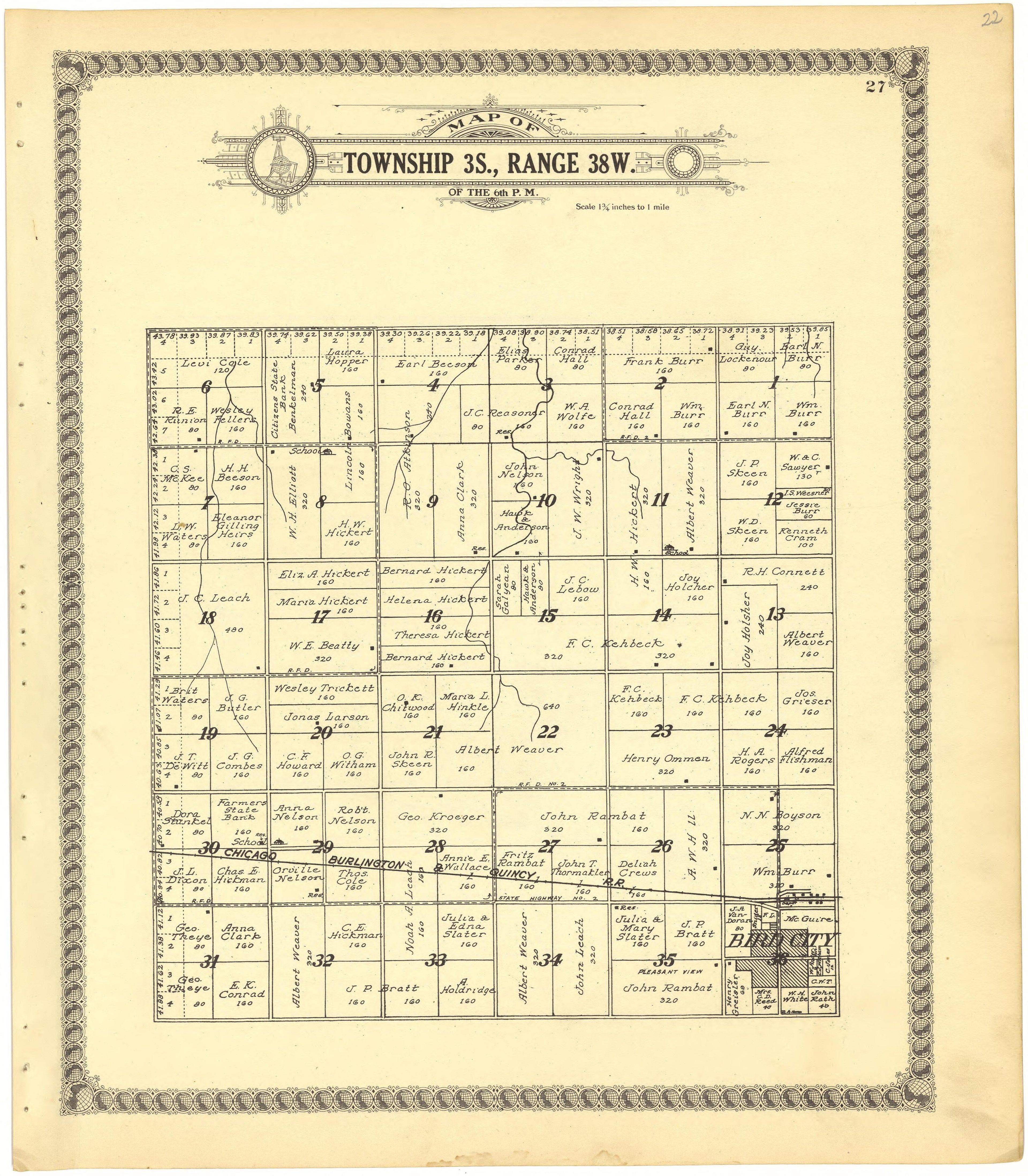 Map of Township 3S., Range 38W. of the 6th P.M. from Standard Atlas of Cheyenne County, Kansas : Including a Plat Book of the Villages, Cities and Townships of the County, Map of the State, United States and World : Patrons Directory, Reference … 1928 by Relic Map Company