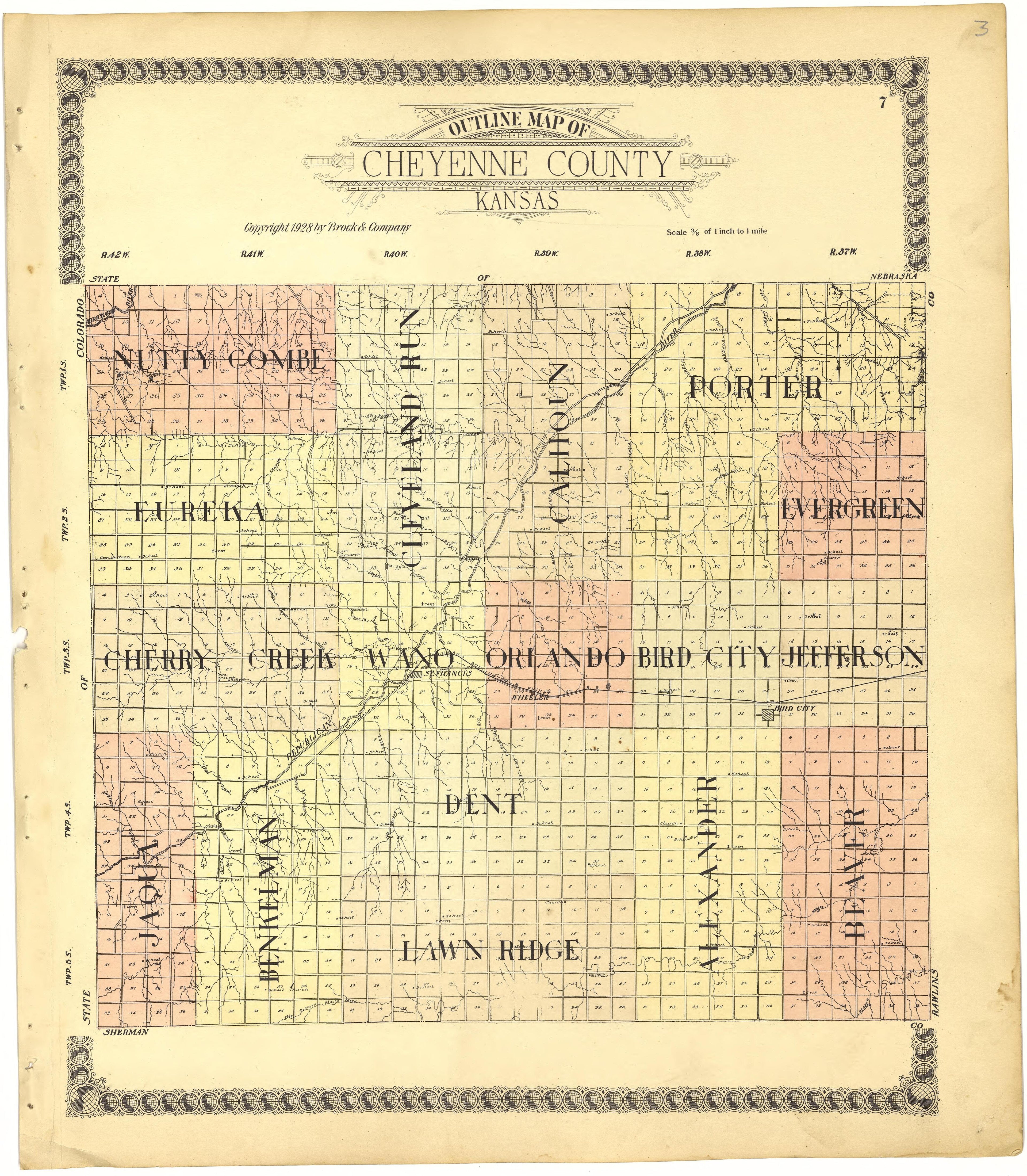 Outline Map of Cheyenne County, Kansas from Standard Atlas of Cheyenne County, Kansas : Including a Plat Book of the Villages, Cities and Townships of the County, Map of the State, United States and World : Patrons Directory, Reference … 1928 by Relic Map Company