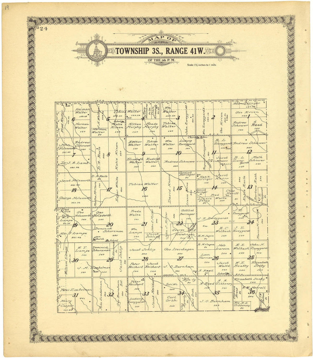Map of Township 3S., Range 41W. of the 6th P.M. from Standard Atlas of Cheyenne County, Kansas : Including a Plat Book of the Villages, Cities and Townships of the County, Map of the State, United States and World : Patrons Directory, Reference … 1928 by Relic Map Company