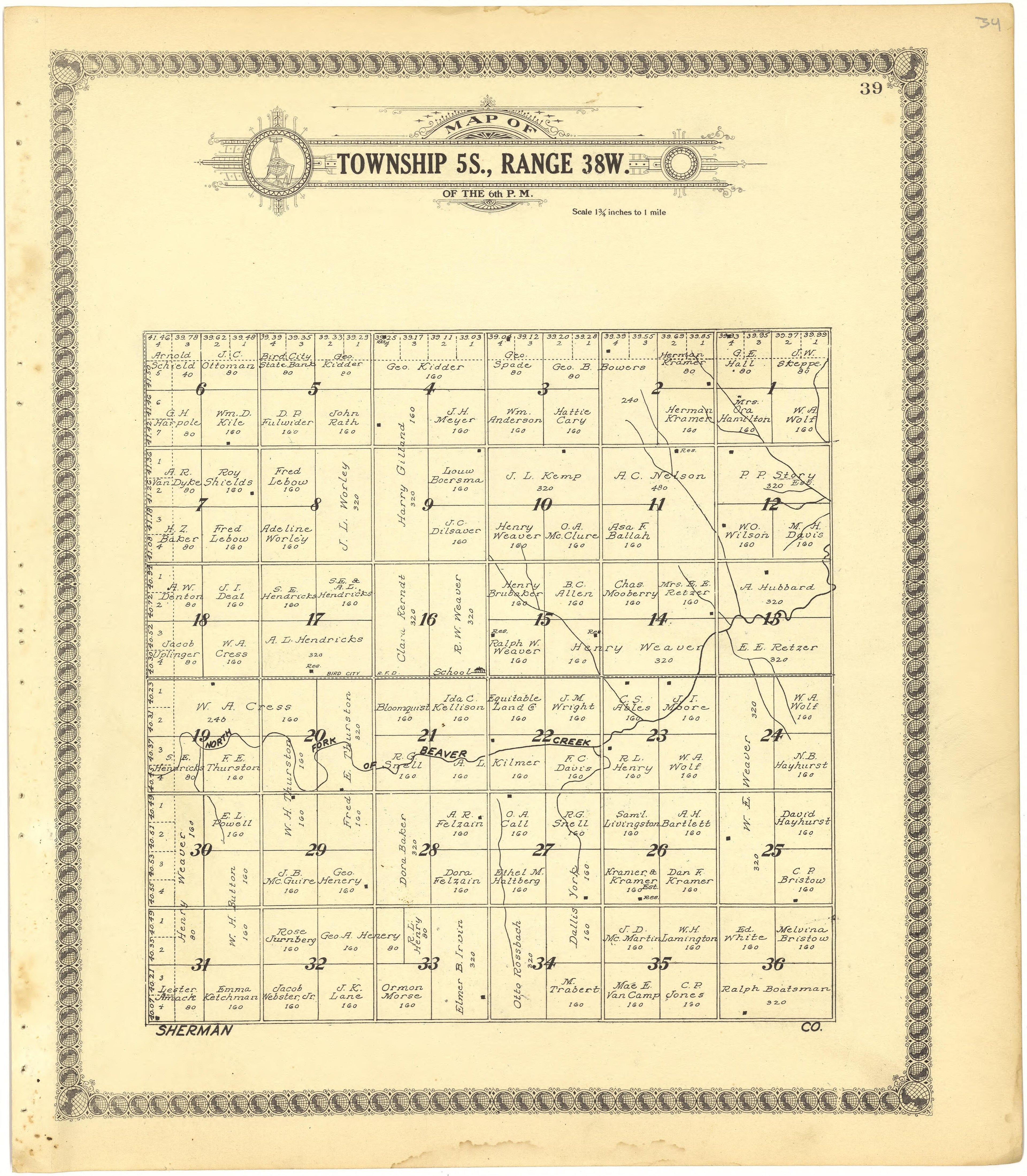 Map of Township 5S., Range 38W. of the 6th P.M. from Standard Atlas of Cheyenne County, Kansas : Including a Plat Book of the Villages, Cities and Townships of the County, Map of the State, United States and World : Patrons Directory, Reference … 1928 by Relic Map Company
