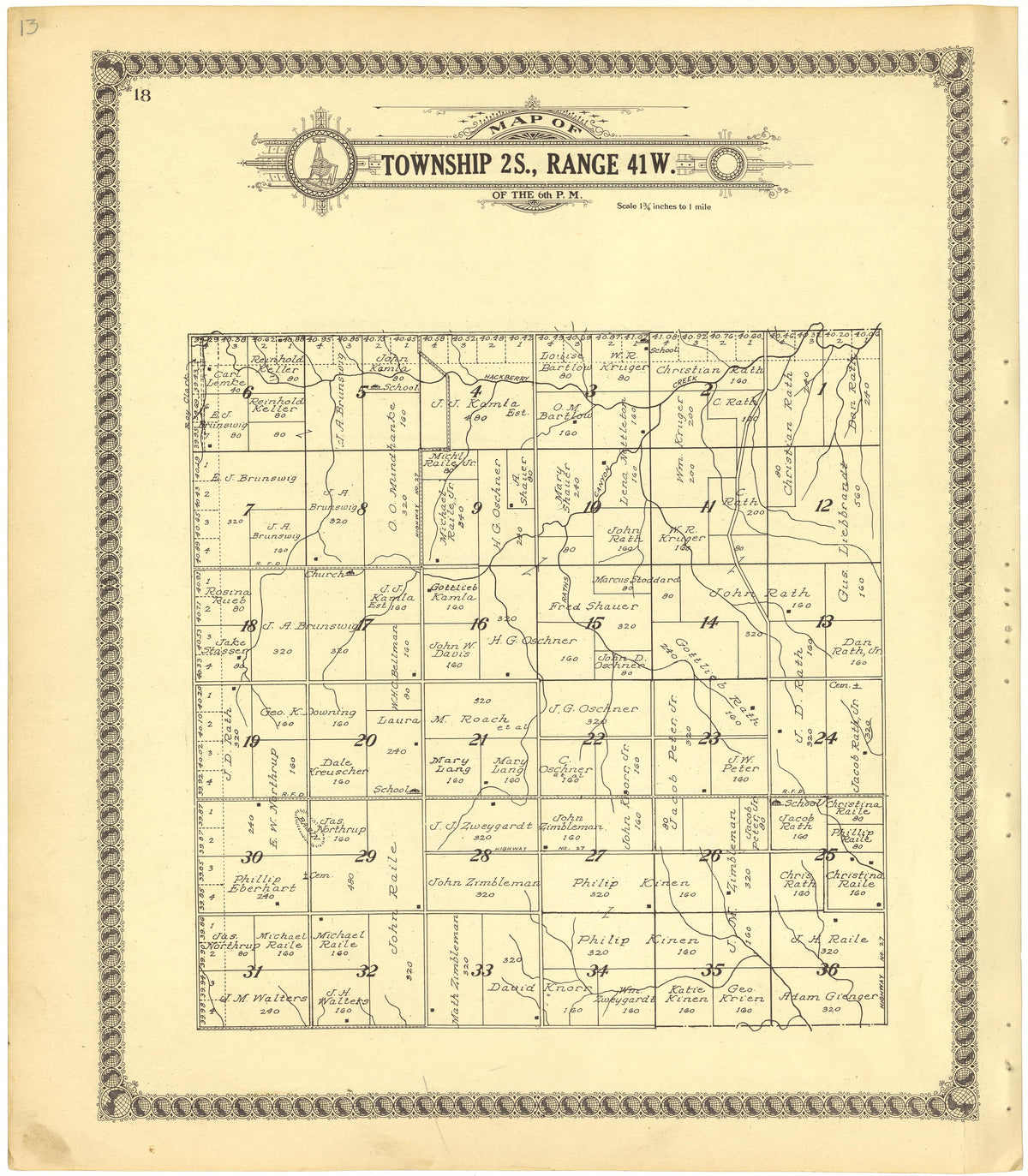 Map of Township 2S., Range 41W. of the 6th P.M. from Standard Atlas of Cheyenne County, Kansas : Including a Plat Book of the Villages, Cities and Townships of the County, Map of the State, United States and World : Patrons Directory, Reference … 1928 by Relic Map Company