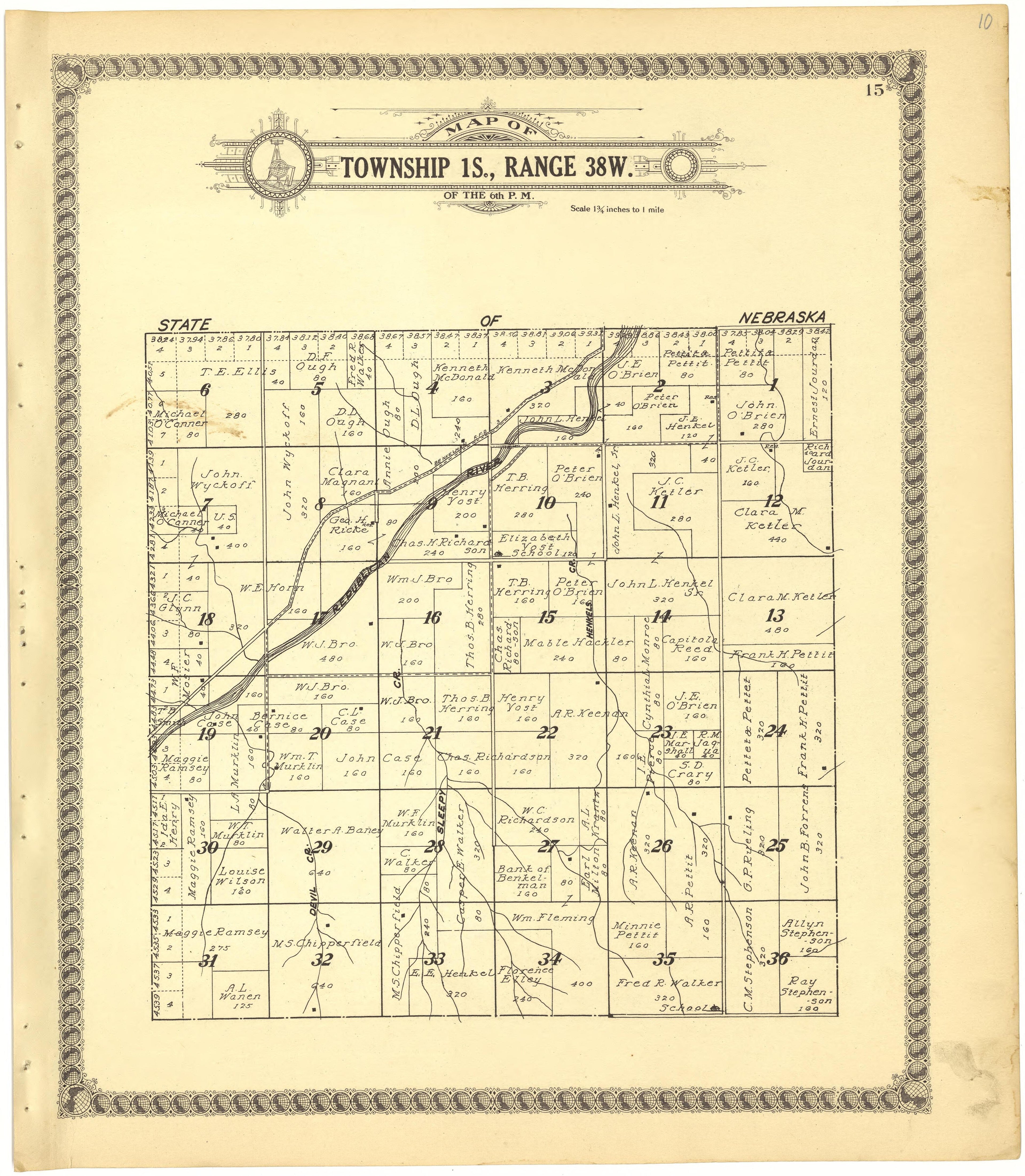 Map of Township 1S., Range 38W. of the 6th P.M. from Standard Atlas of Cheyenne County, Kansas : Including a Plat Book of the Villages, Cities and Townships of the County, Map of the State, United States and World : Patrons Directory, Reference … 1928 by Relic Map Company