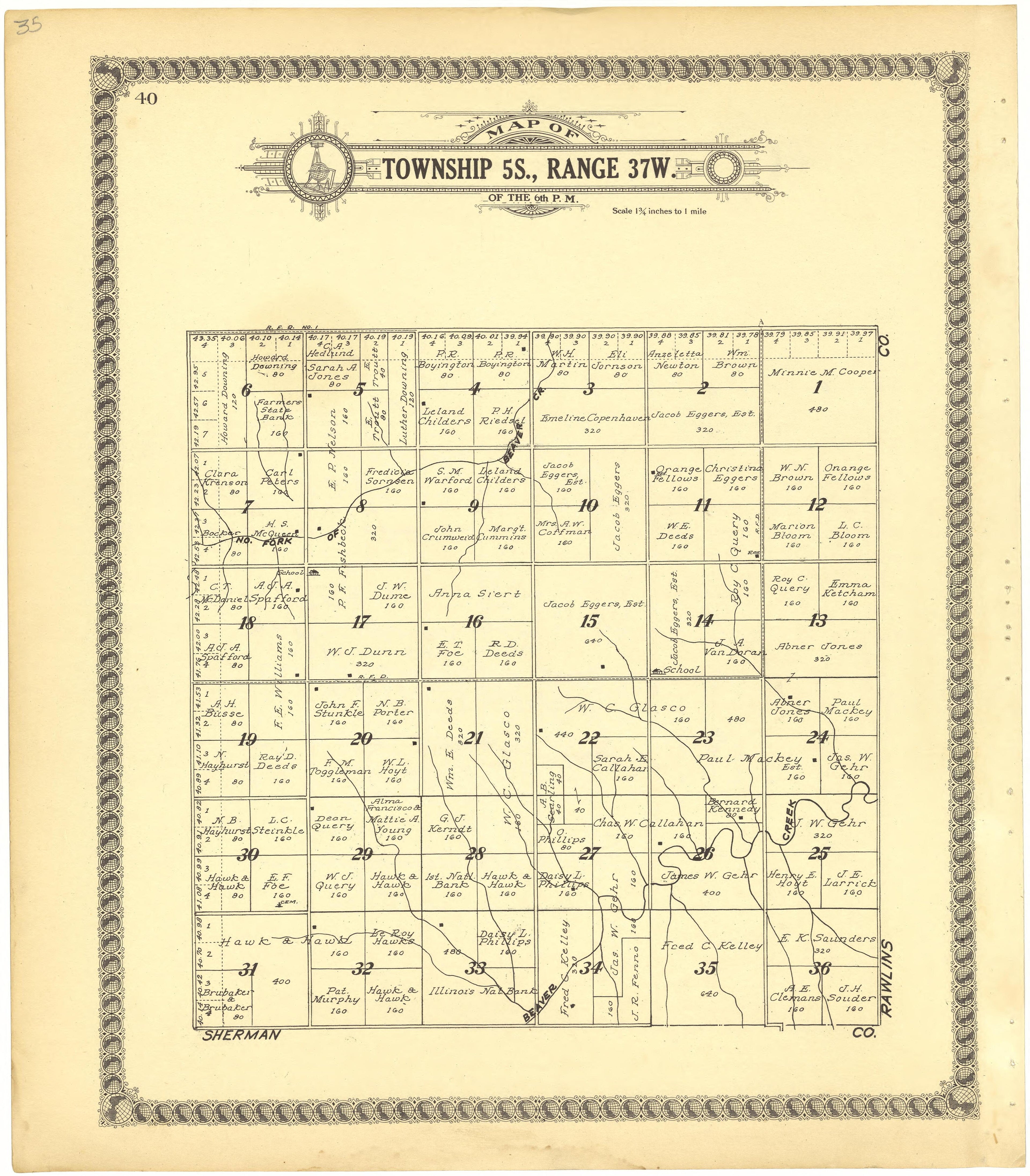 Map of Township 5S., Range 37W. of the 6th P.M. from Standard Atlas of Cheyenne County, Kansas : Including a Plat Book of the Villages, Cities and Townships of the County, Map of the State, United States and World : Patrons Directory, Reference … 1928 by Relic Map Company