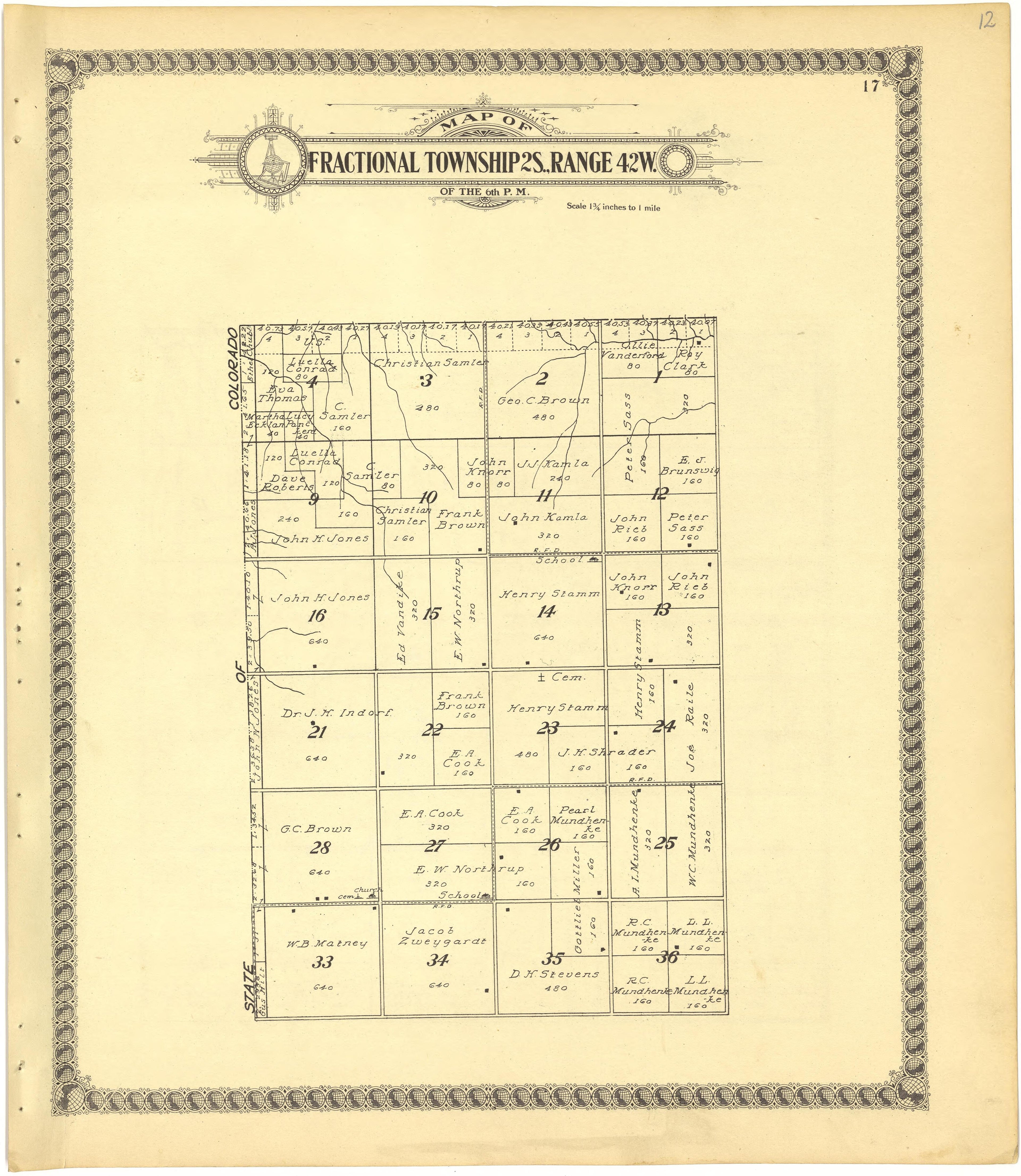 Map of Fractional Township 2S., Range 42W. of the 6th P.M. from Standard Atlas of Cheyenne County, Kansas : Including a Plat Book of the Villages, Cities and Townships of the County, Map of the State, United States and World : Patrons Directory, Refer... by Relic Map Company