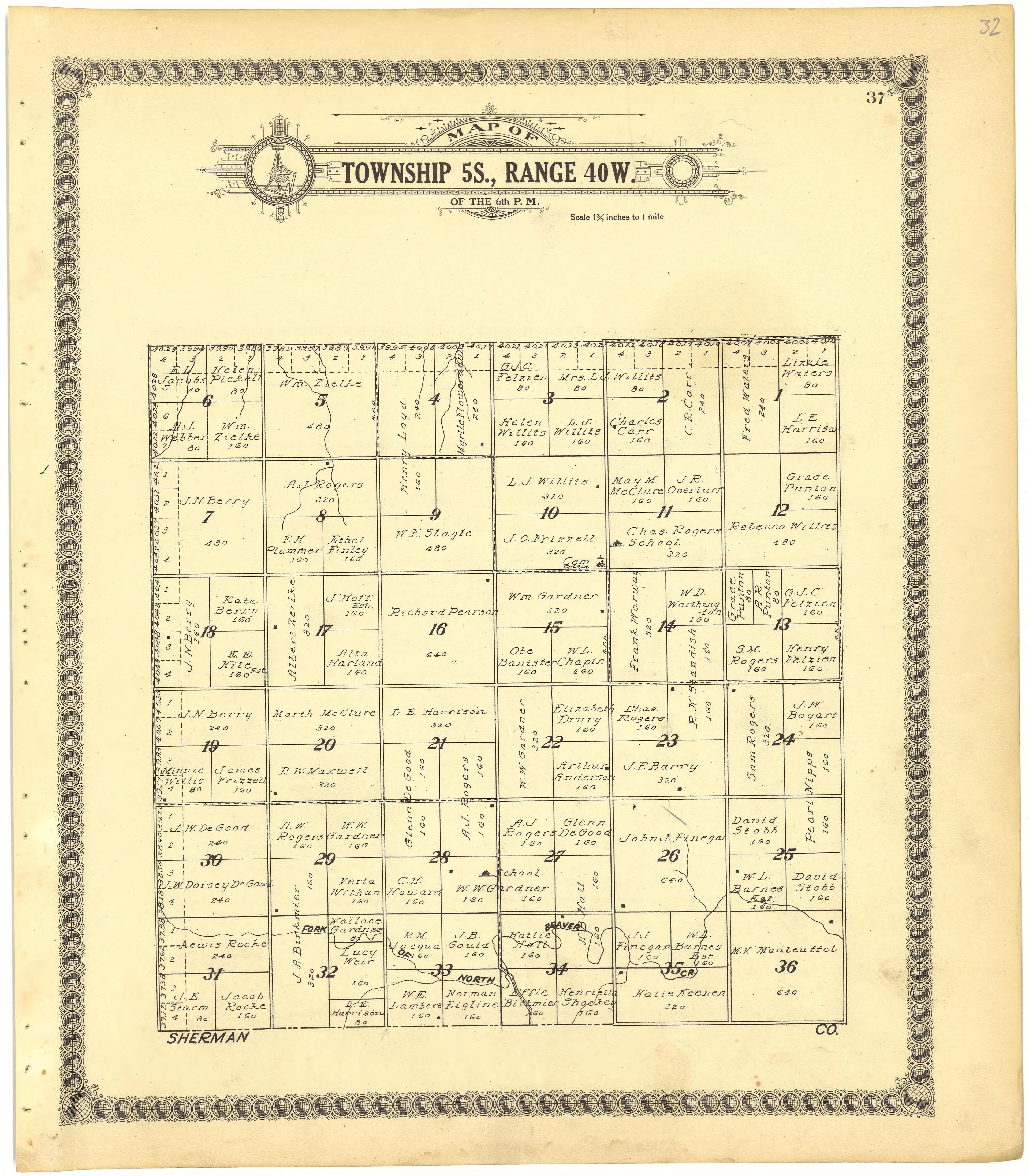 Map of Township 5S., Range 40W. of the 6th P.M. from Standard Atlas of Cheyenne County, Kansas : Including a Plat Book of the Villages, Cities and Townships of the County, Map of the State, United States and World : Patrons Directory, Reference … 1928 by Relic Map Company