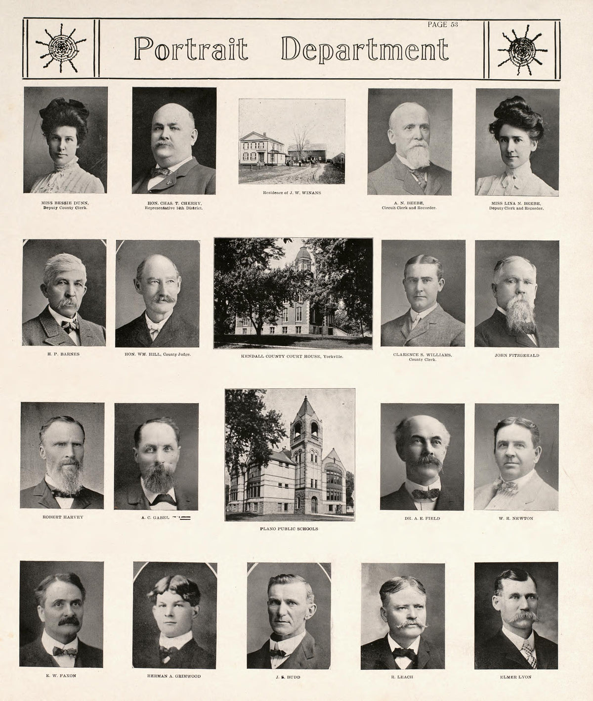 Portrait Department, Pt. 1 from Standard Atlas of Kendall County, Illinois : Including a Plat Book of the Villages, Cities and Townships of the County, Map of the State, United States and World : Patrons Directory, Reference … 1903 by Relic Map Company