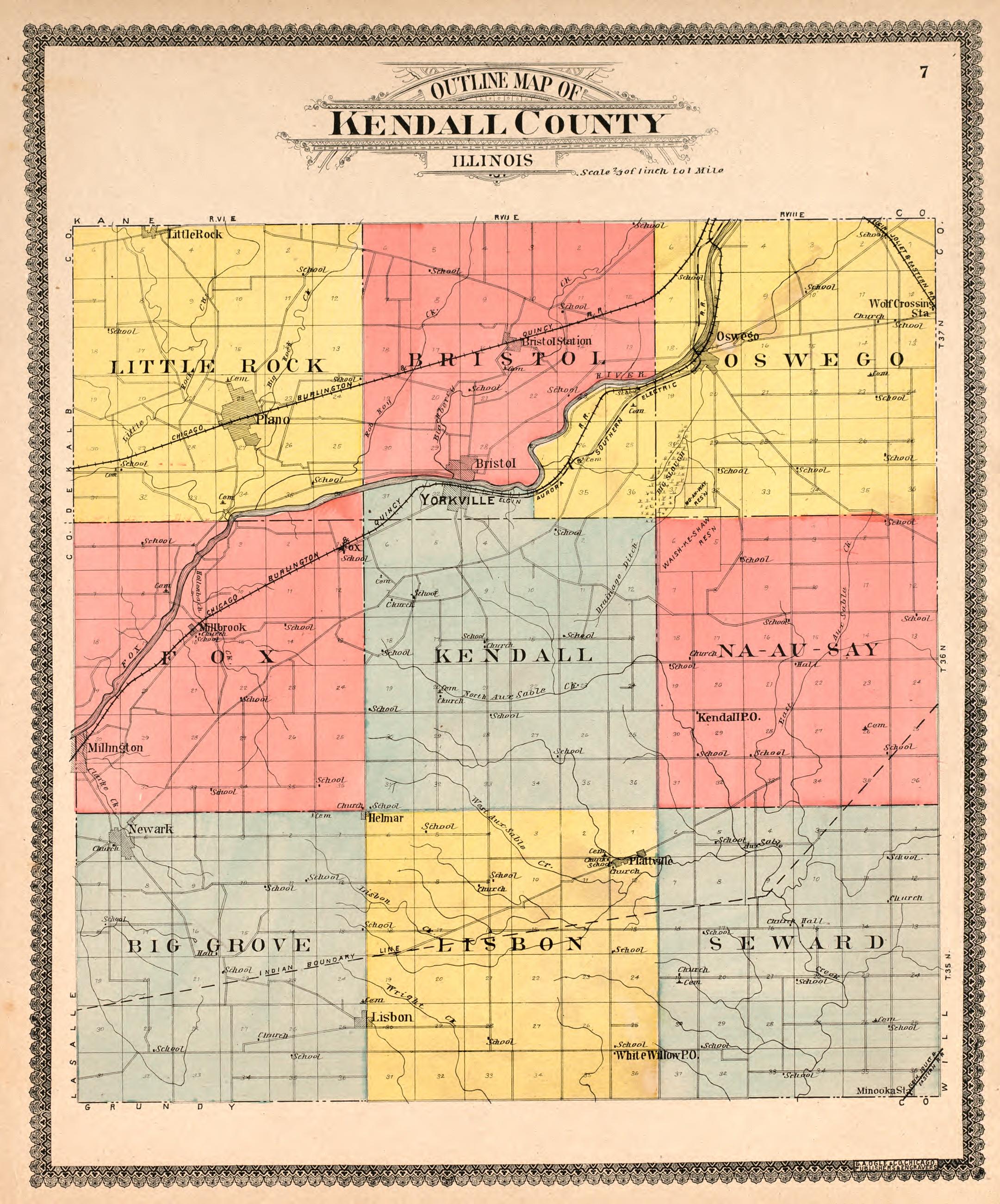 Outline Map of Kendall County from Standard Atlas of Kendall County, Illinois : Including a Plat Book of the Villages, Cities and Townships of the County, Map of the State, United States and World : Patrons Directory, Reference … 1903 by Relic Map Company