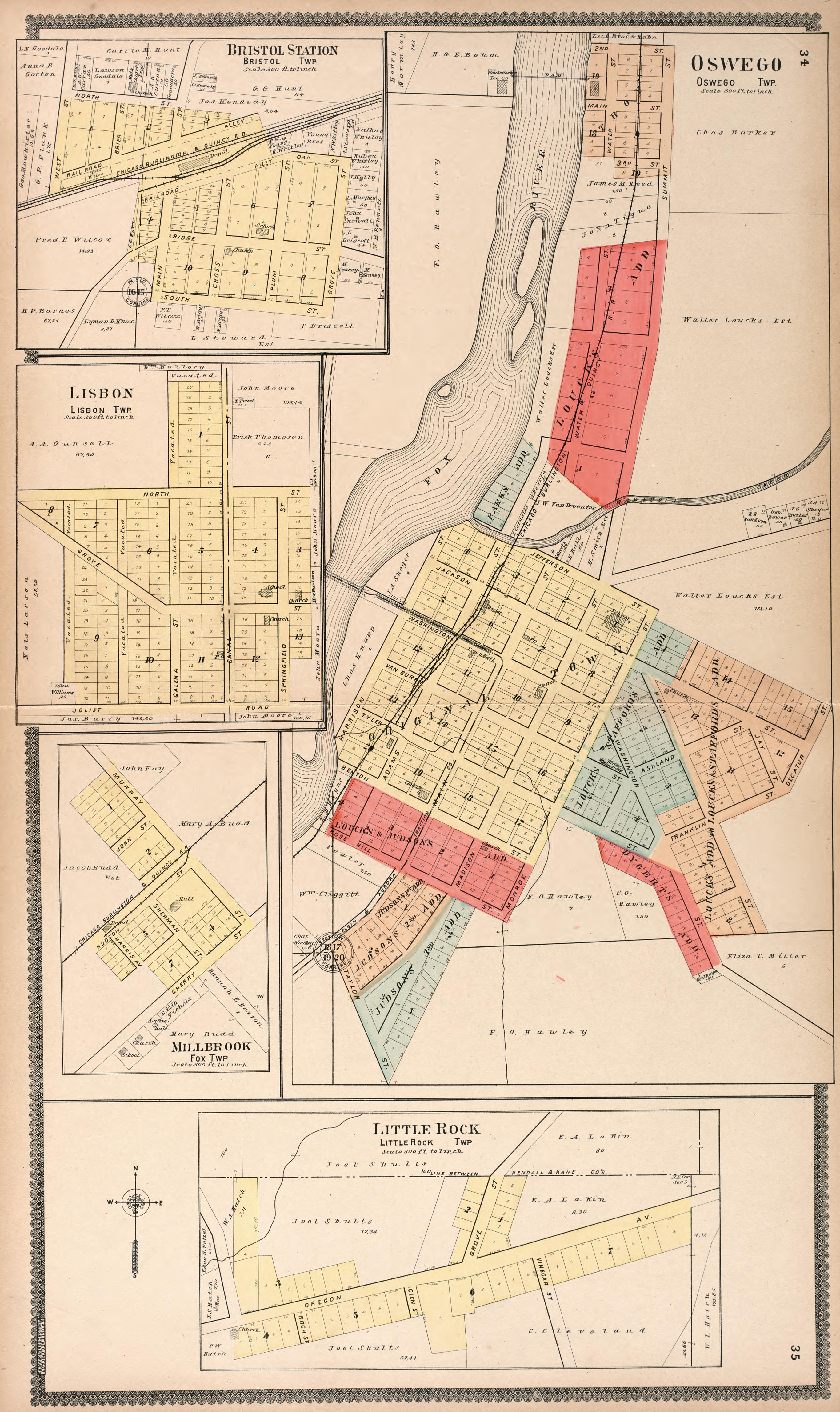Bristol Station, Lisbon, Millbrook, Little Rock, & Oswego from Standard Atlas of Kendall County, Illinois : Including a Plat Book of the Villages, Cities and Townships of the County, Map of the State, United States and World : Patrons Directory, Refer... by Relic Map Company