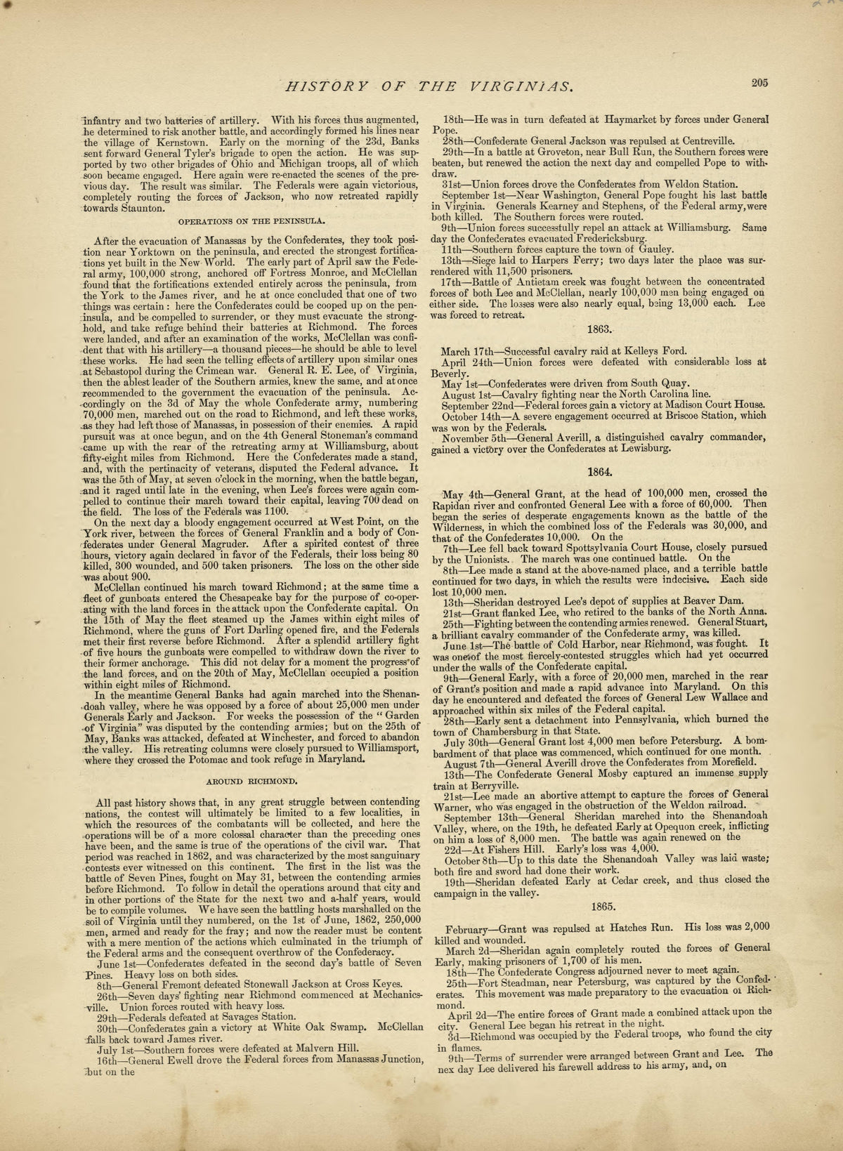 History of the Virginias - Continued from Historical Hand-atlas, Illustrated, Containing Large Scale Copper Plate Maps of Each State and Territory of the United States, and the Provinces of Canada, Together With a Complete Reference Map of the World, ... by Relic Map Company